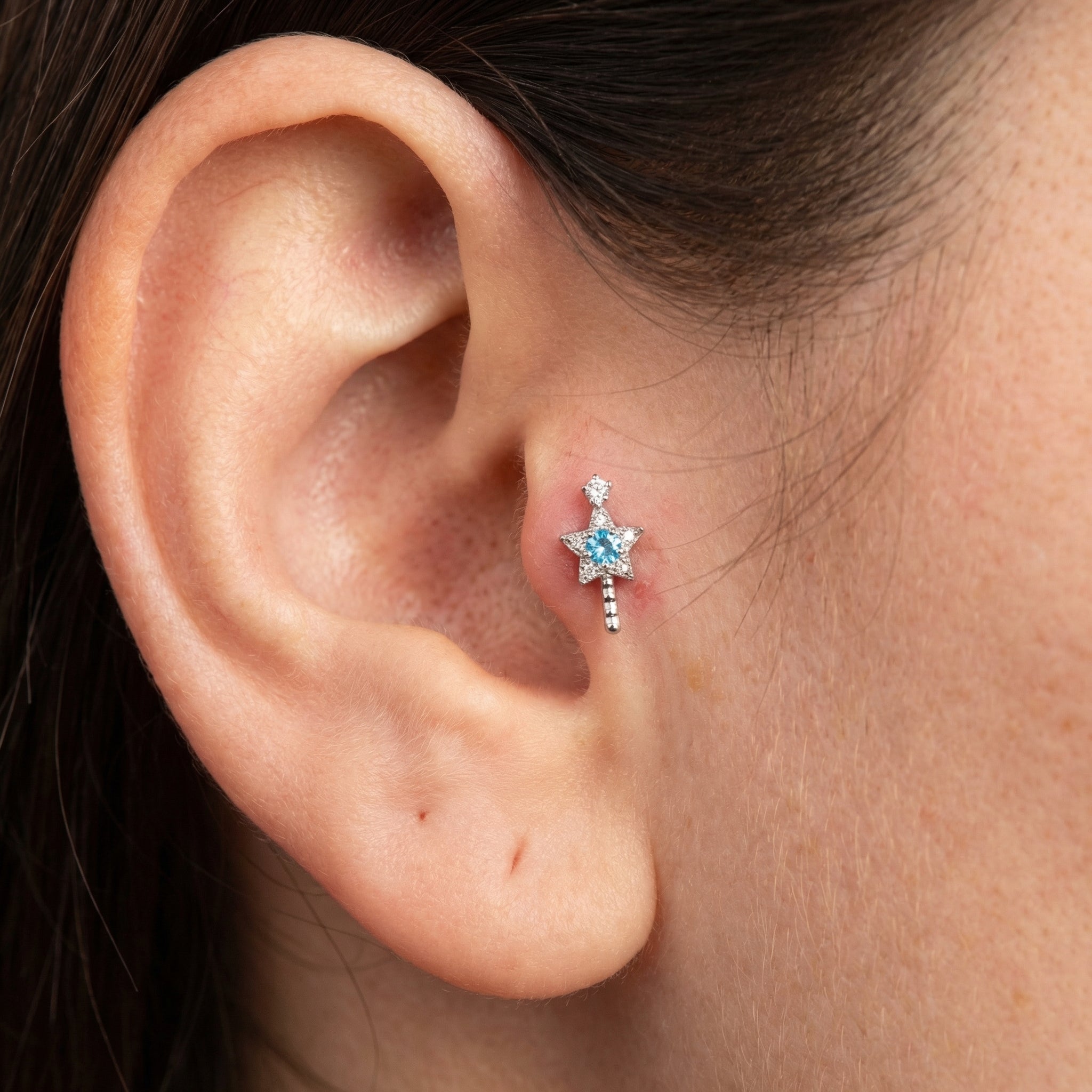 Titanium Magic Wand Star Zircon Labret Piercing 6mm (16G) Flat Back Cartilage Stud for Conch Lobe Medusa Tragus