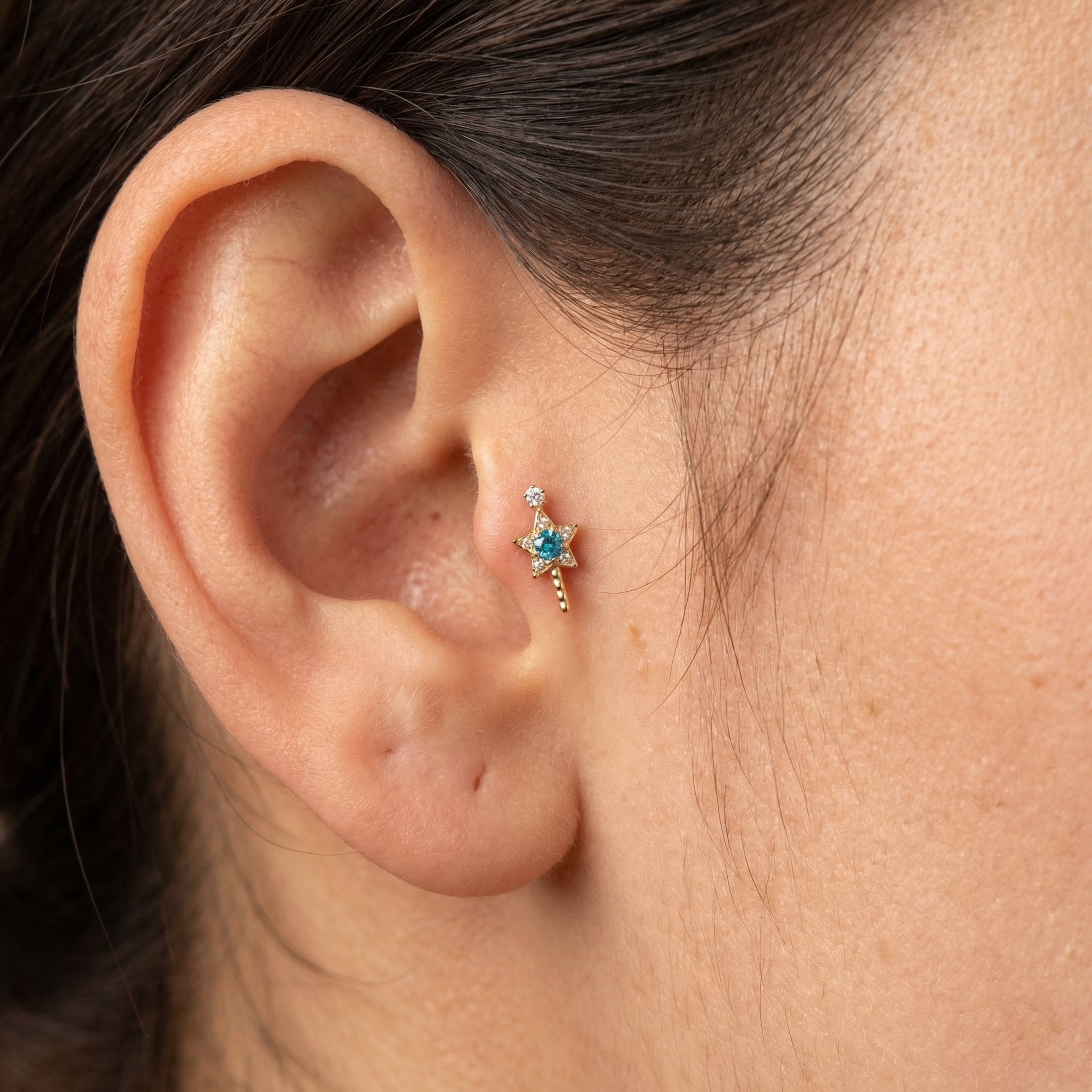 Titanium Magic Wand Star Zircon Labret Piercing 6mm (16G) Flat Back Cartilage Stud for Conch Lobe Medusa Tragus