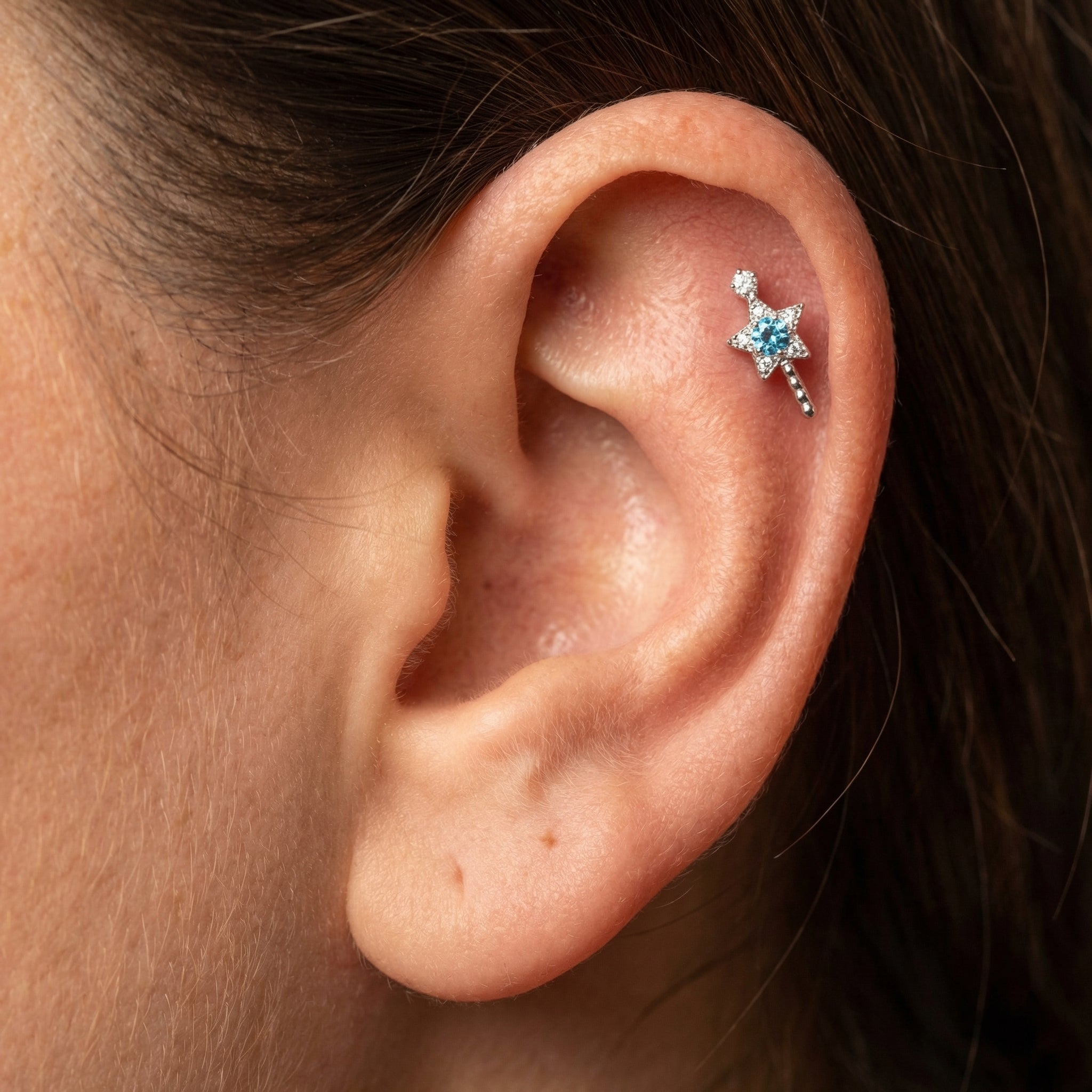 Titanium Magic Wand Star Zircon Labret Piercing 6mm (16G) Flat Back Cartilage Stud for Conch Lobe Medusa Tragus