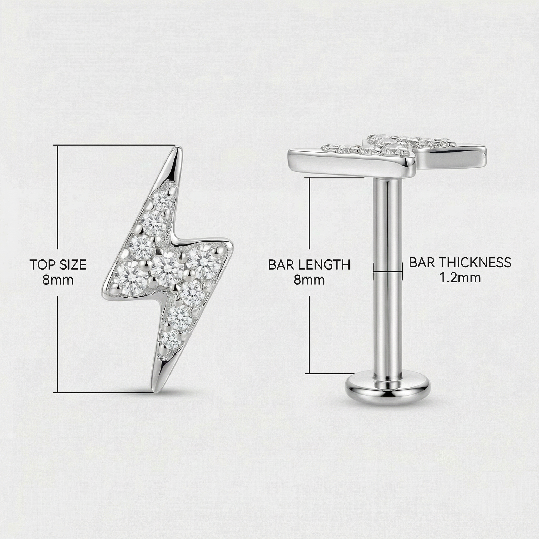 Lightning CZ Titanium Labret Stud 16G Flat Back Helix Tragus Cartilage Piercing