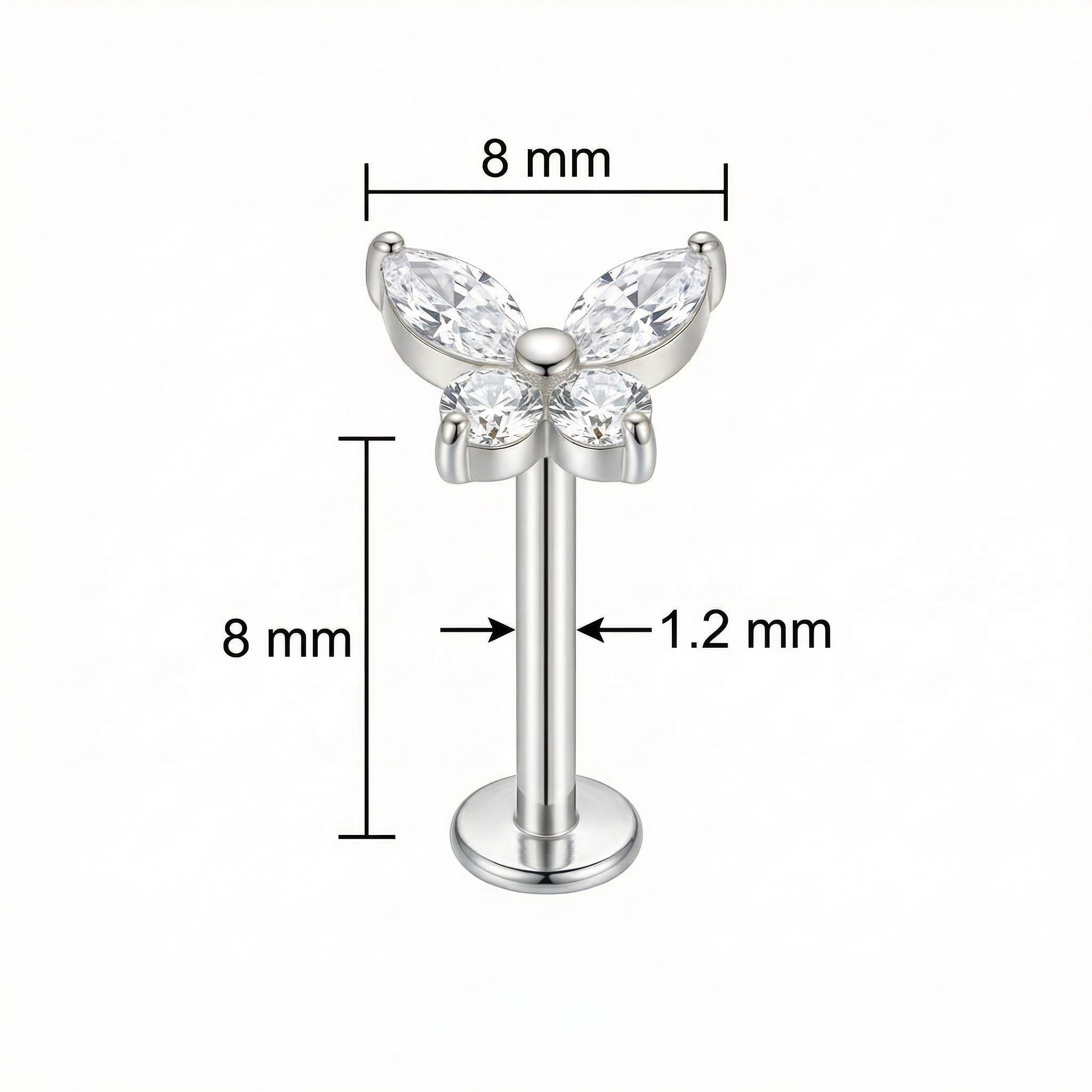 Butterfly CZ Titanium Labret Stud 16G Flat Back Helix Tragus Cartilage Piercing