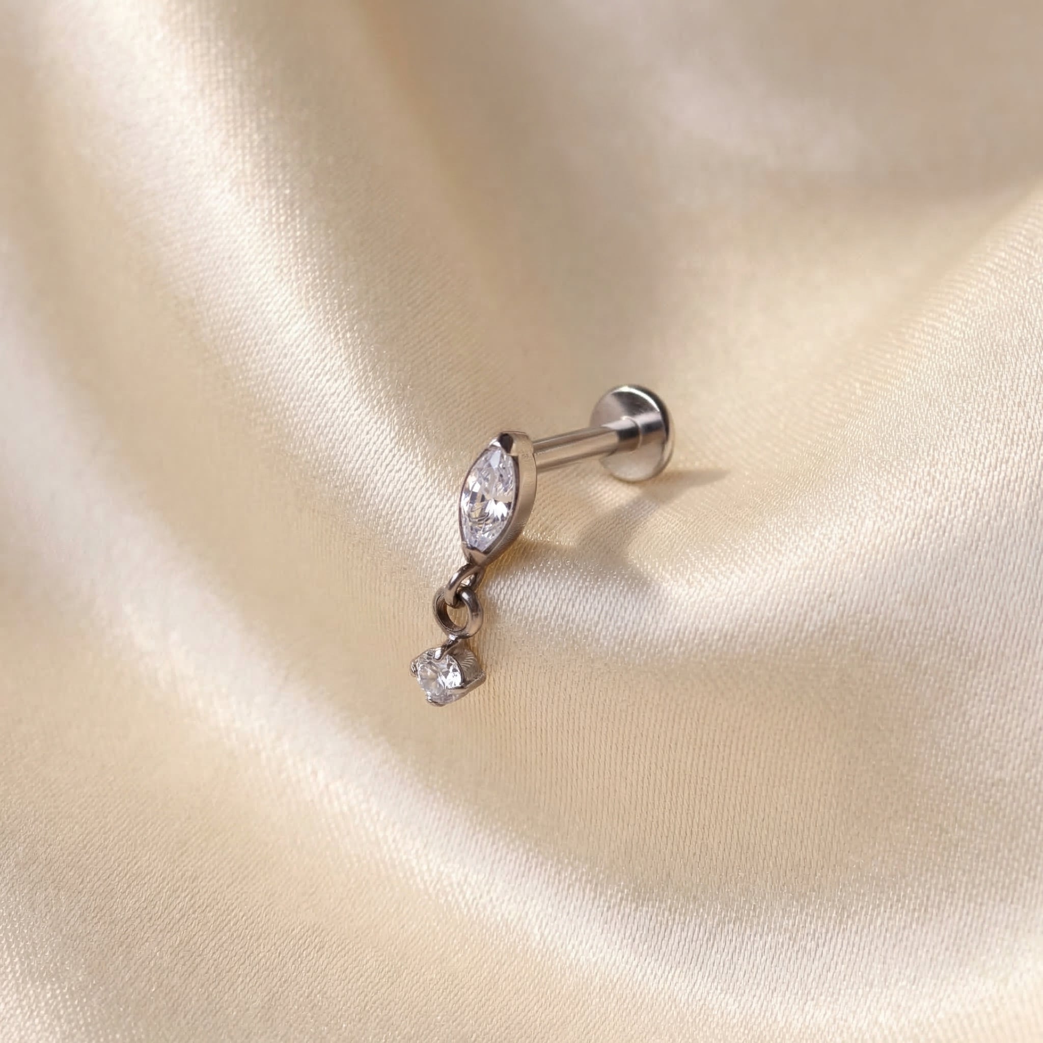 Marquise CZ Dangle Titanium Labret Stud 16G Flat Back Helix Tragus Cartilage Piercing