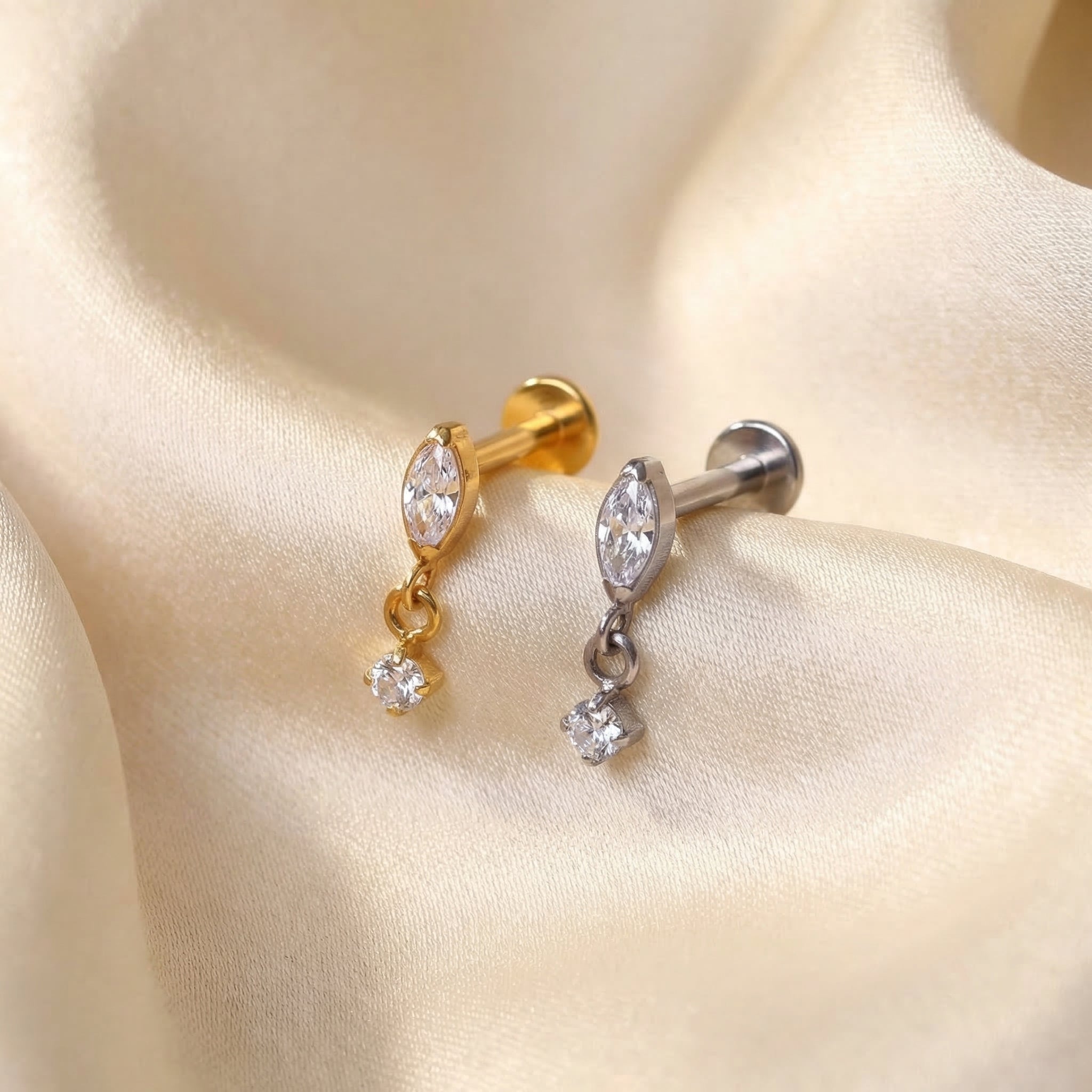 Marquise CZ Dangle Titanium Labret Stud 16G Flat Back Helix Tragus Cartilage Piercing