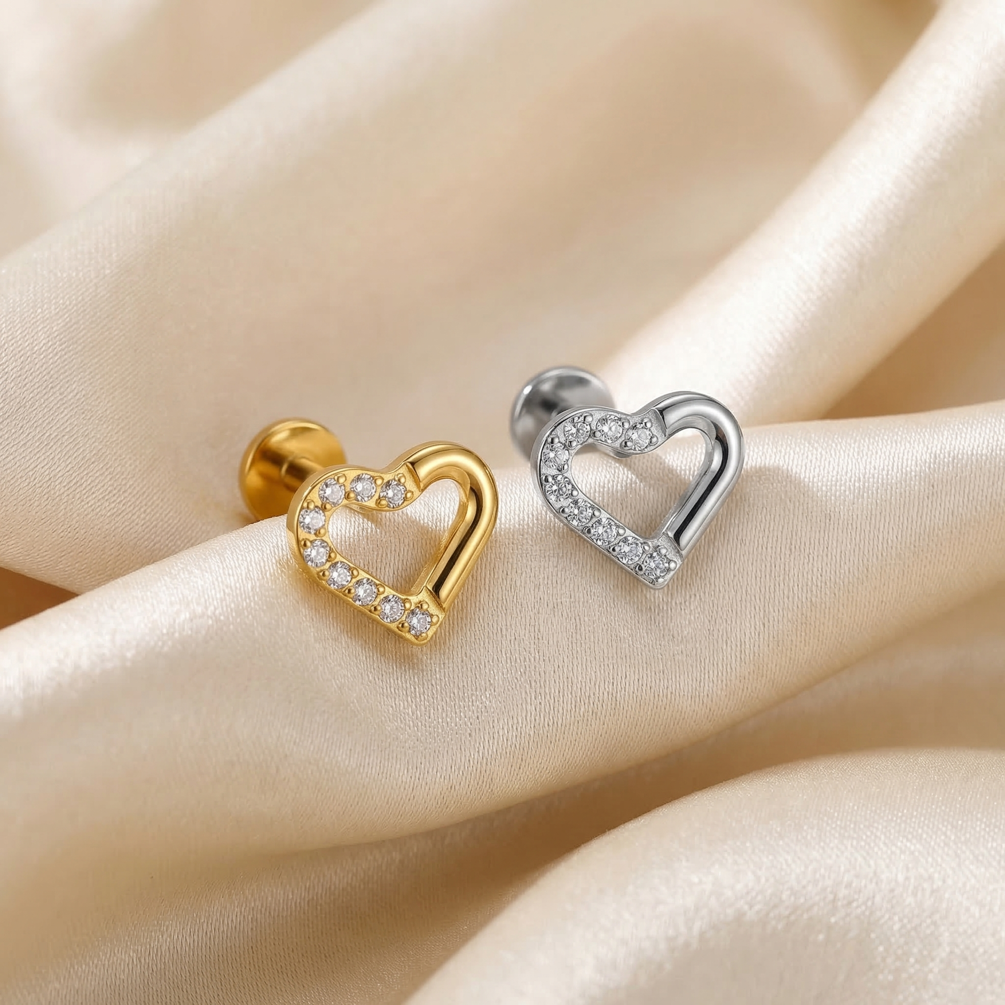 Heart Zircon Titanium Labret Piercing, Minimal Heart Cartilage Stud, Helix Tragus Flat Back Piercing, Cute Ear Jewelry