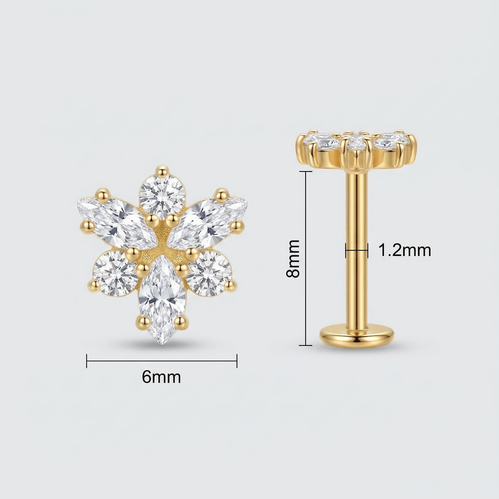 Snowflake Zircon Titanium Labret Piercing 16G Flat Back Stud Helix Tragus Cartilage Minimal Crystal Piercing