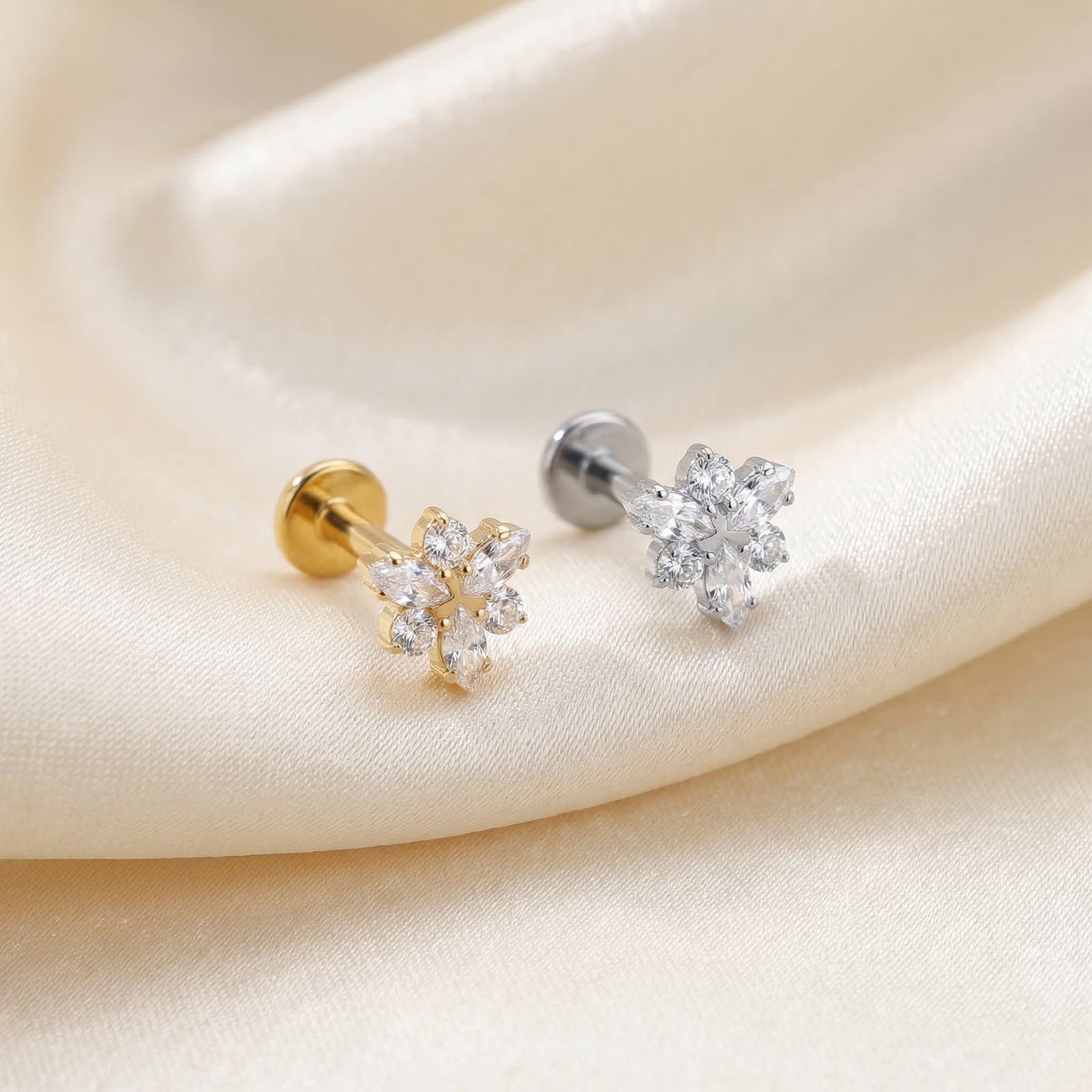 Snowflake Zircon Titanium Labret Piercing 16G Flat Back Stud Helix Tragus Cartilage Minimal Crystal Piercing