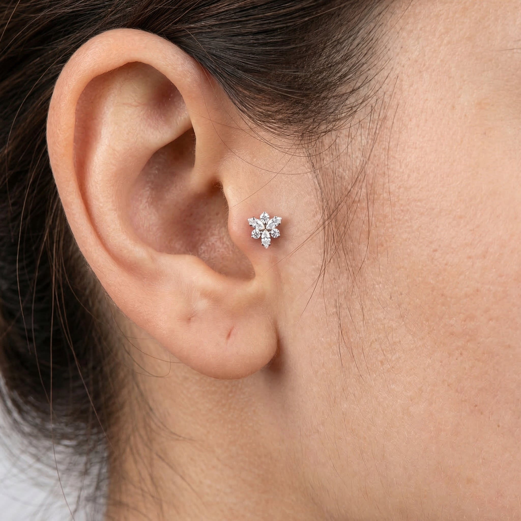 Snowflake Zircon Titanium Labret Piercing 16G Flat Back Stud Helix Tragus Cartilage Minimal Crystal Piercing