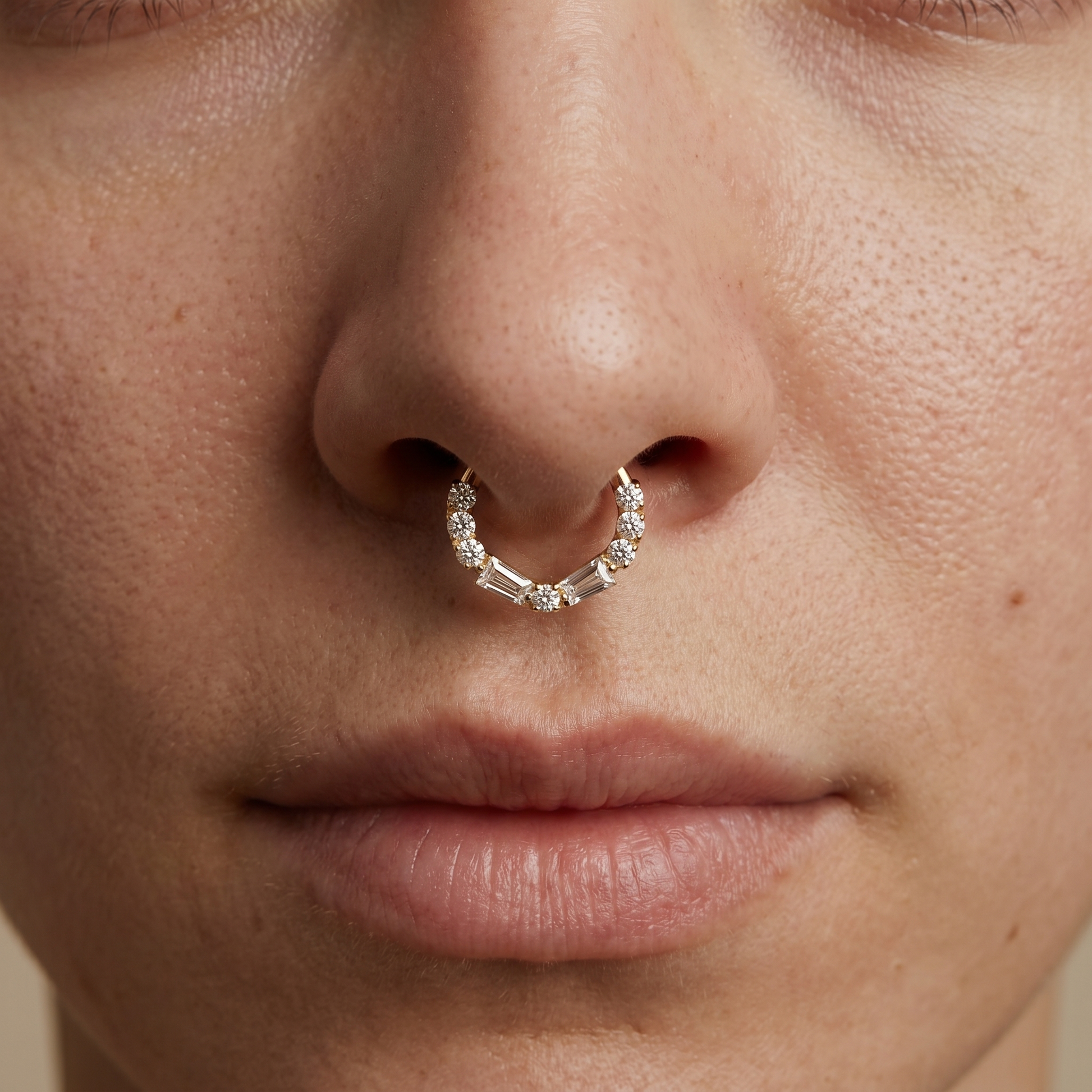 Gold baguette round zircon stud — septum nose placement