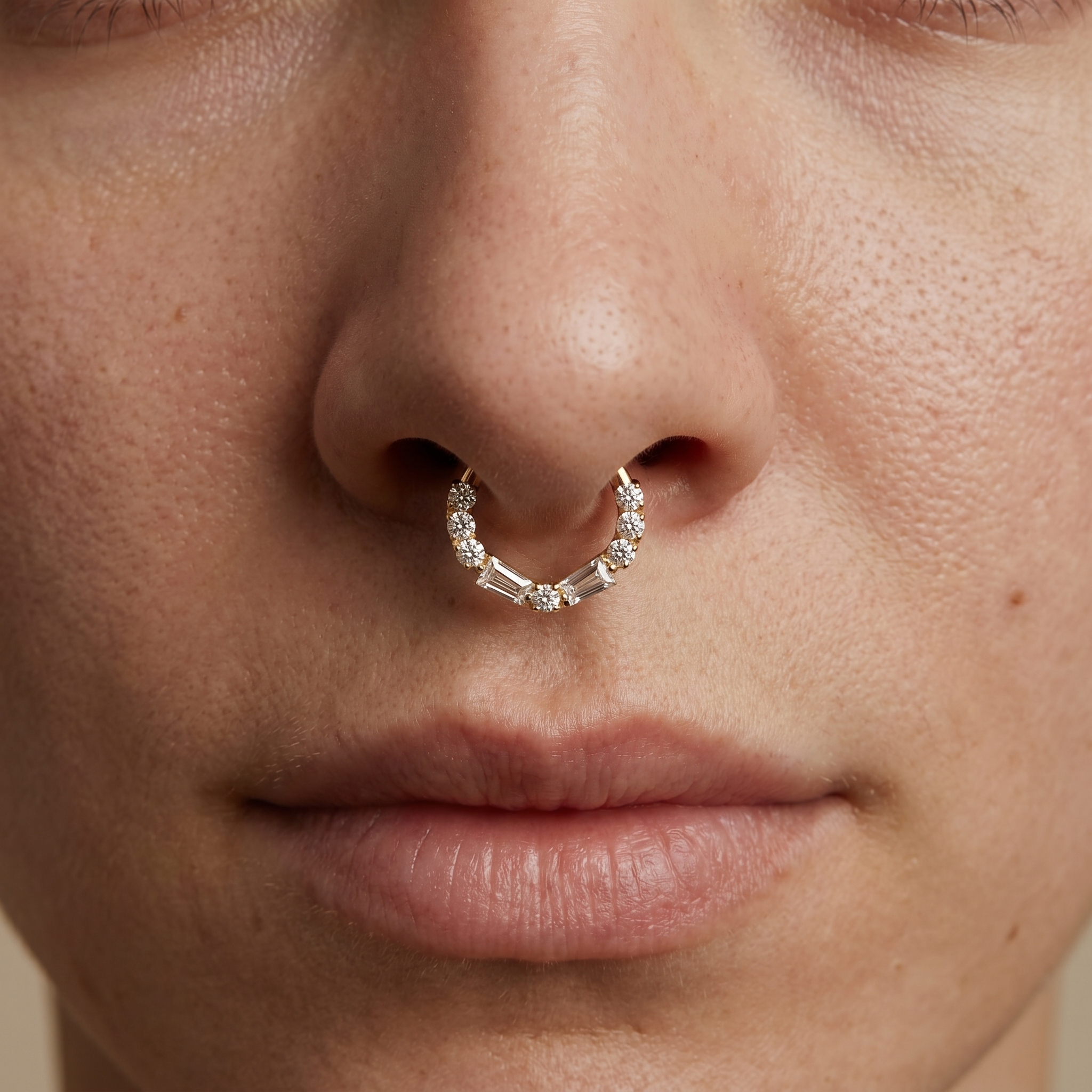 Gold baguette round zircon stud — septum nose placement