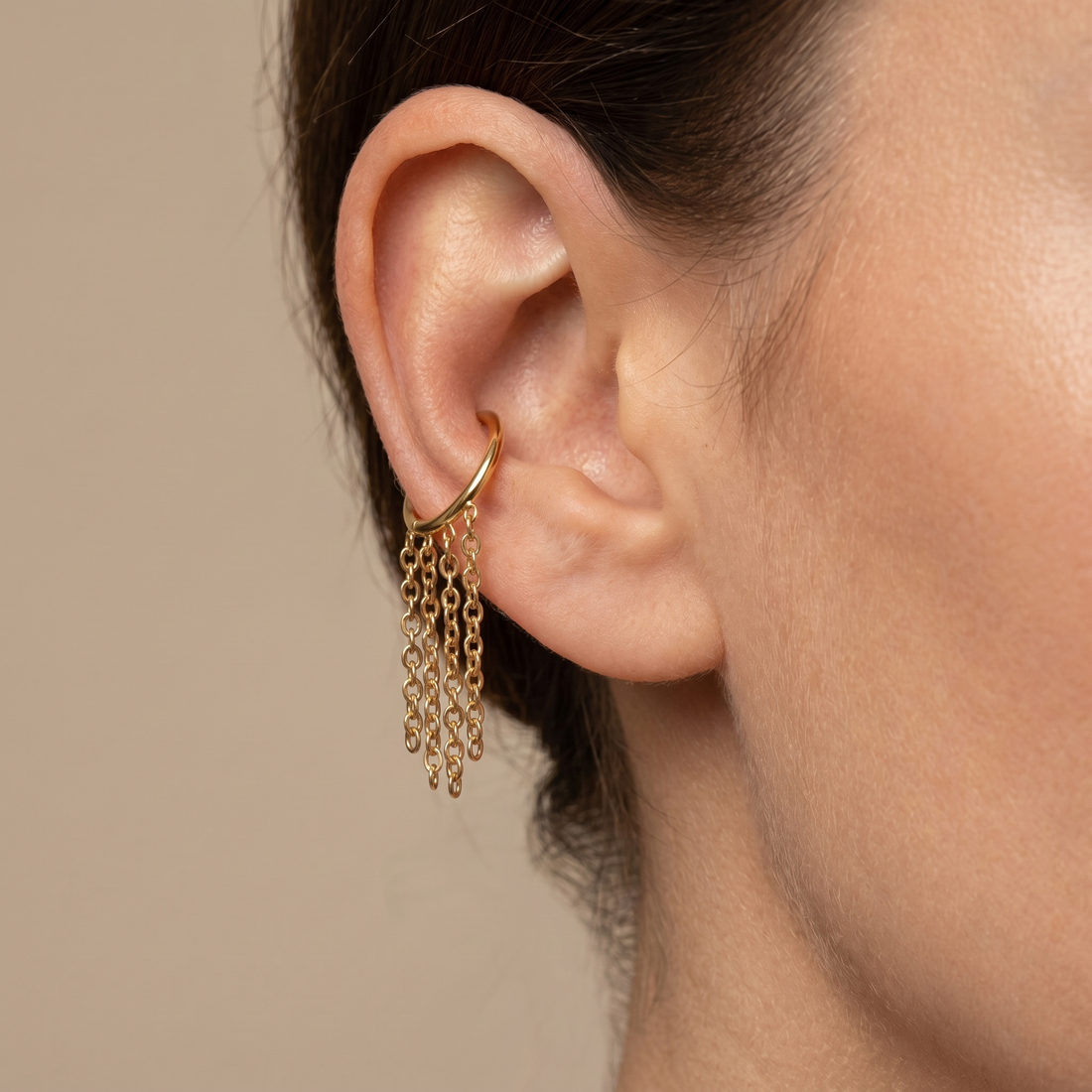 Gold dangling chain clicker stud — mid helix piercing placement