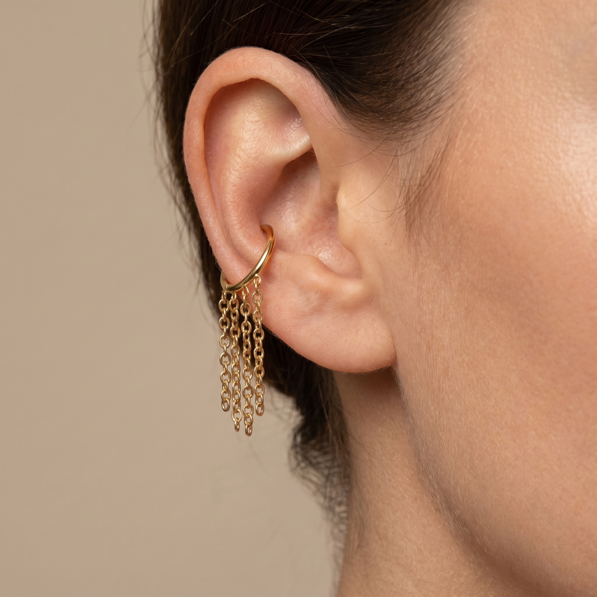 Gold dangling chain clicker stud — mid helix piercing placement