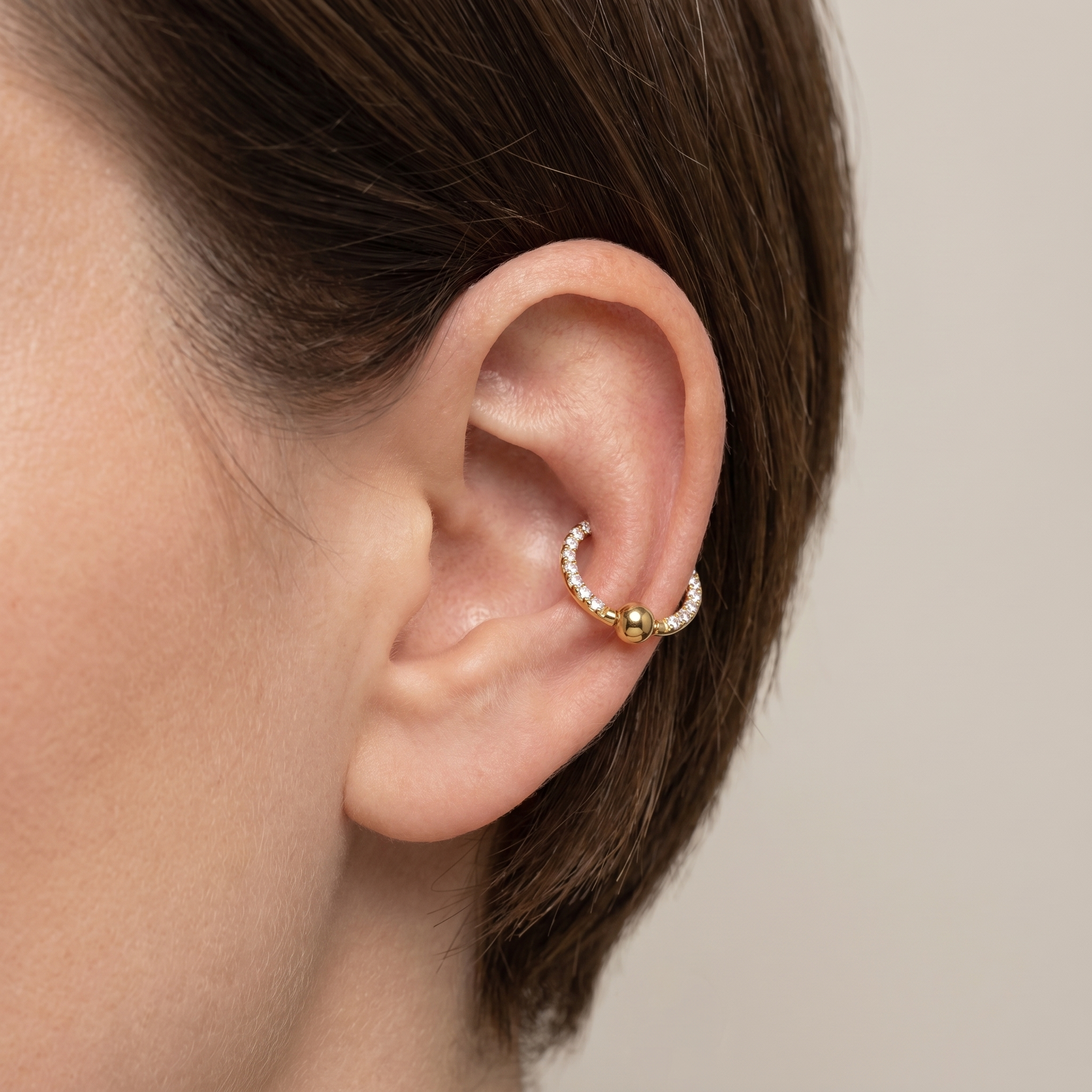 Silver zircon center bead stud — mid helix piercing placement