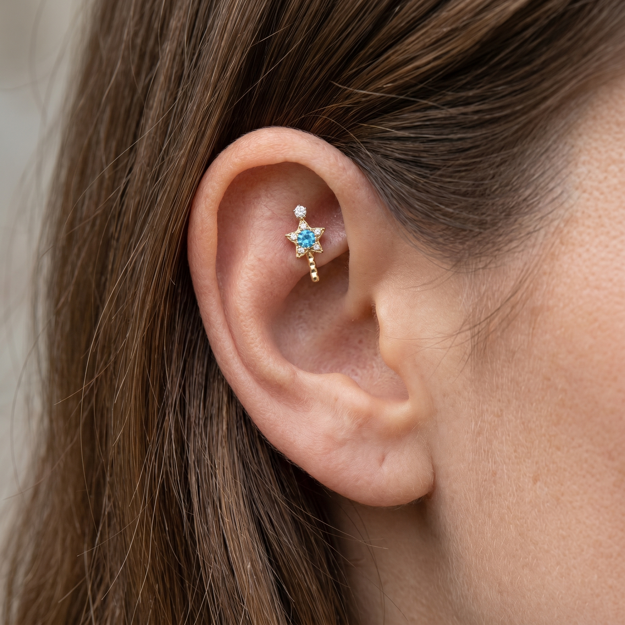 Gold star wand zircon stud — faux rook piercing placement