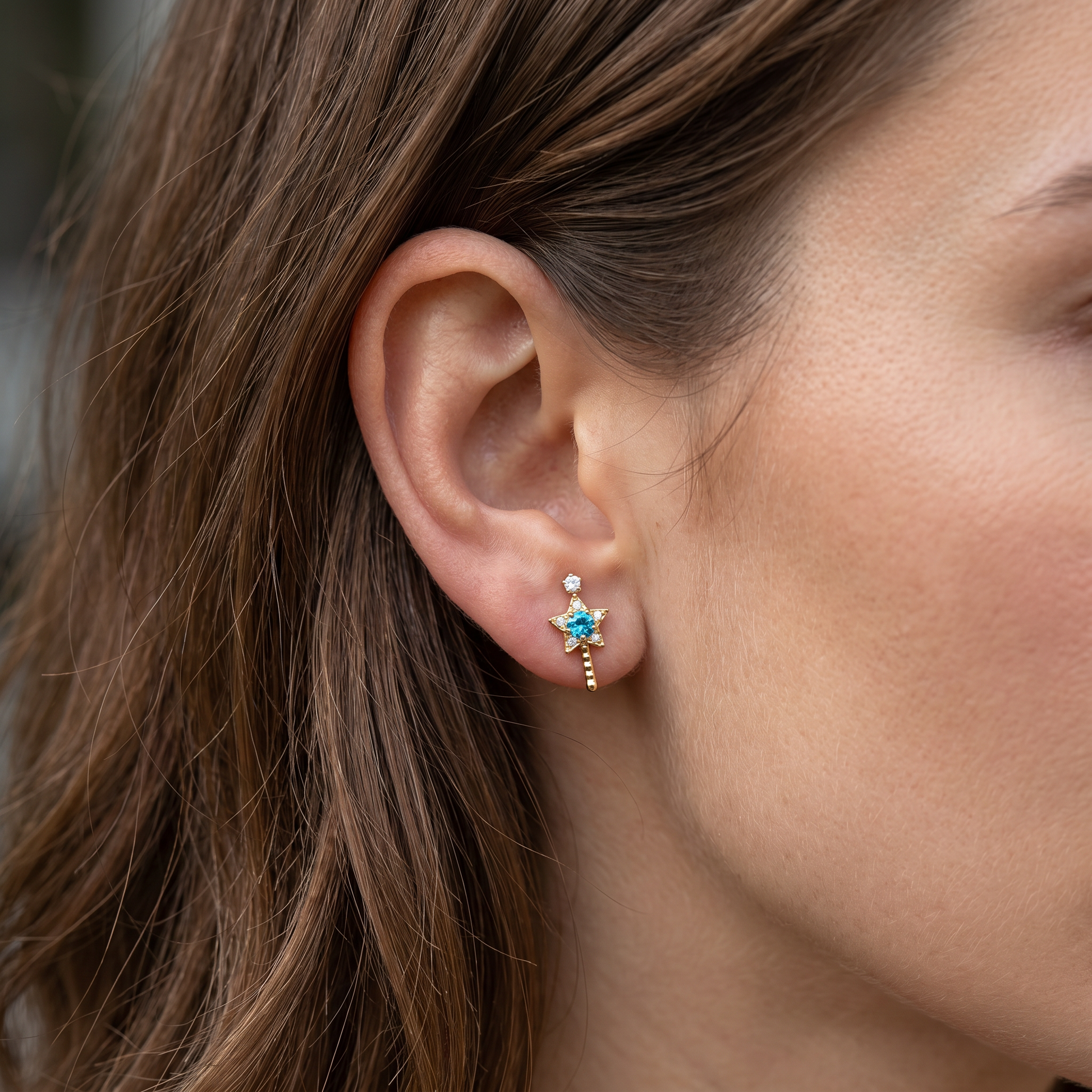 Silver star wand zircon stud — tragus antitragus piercing placement