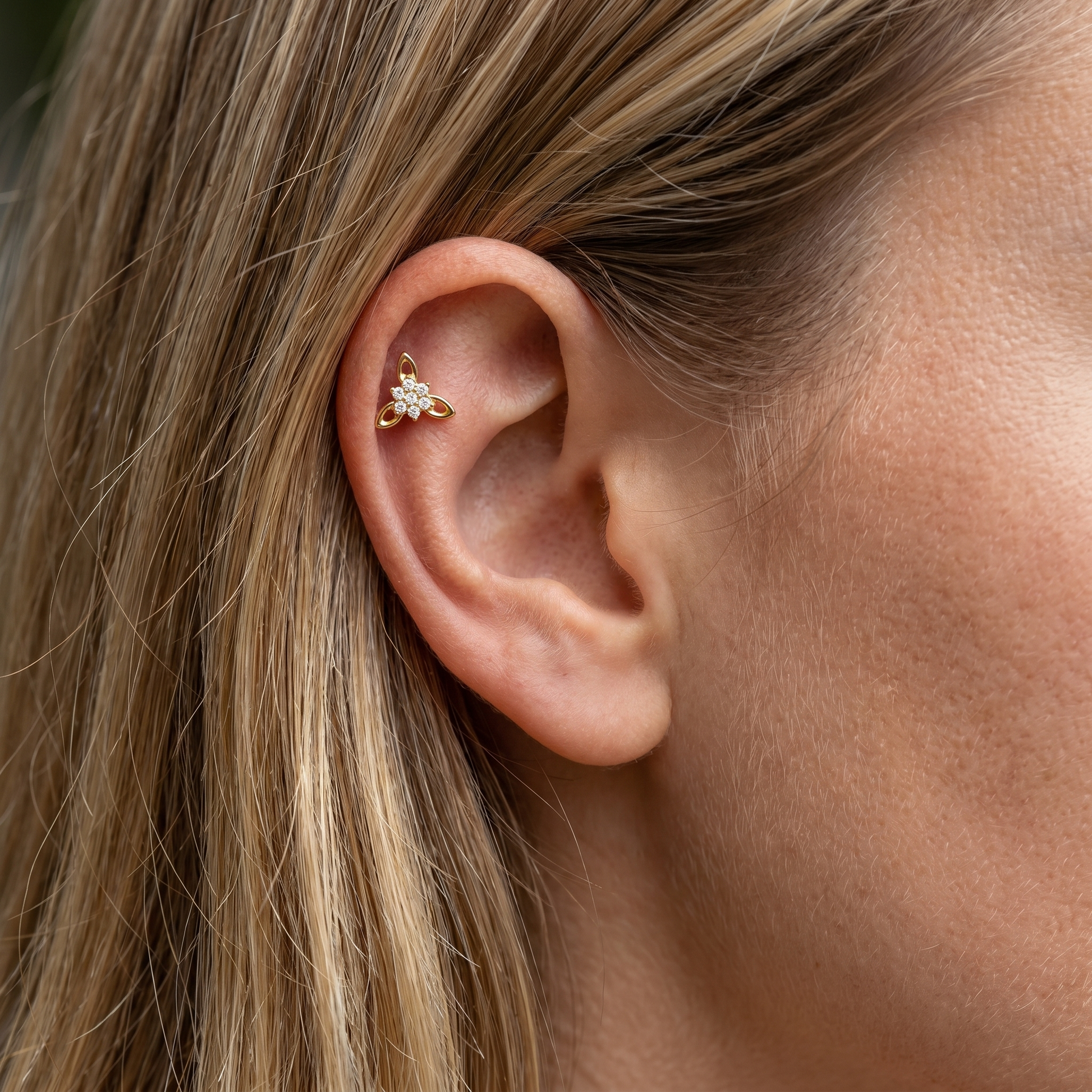 Gold cz flower cluster stud — flat helix piercing placement