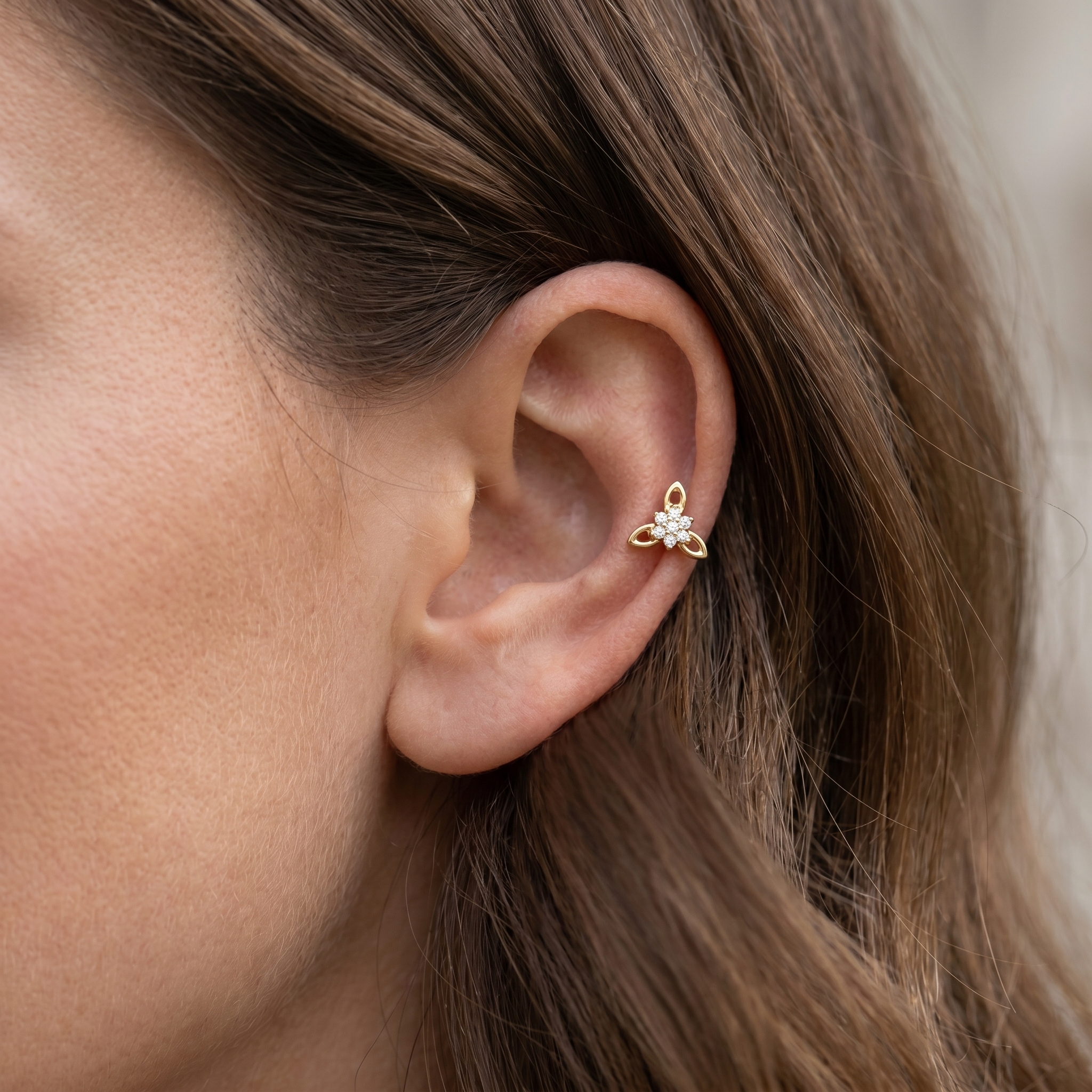 Silver cz flower cluster stud — mid helix piercing placement