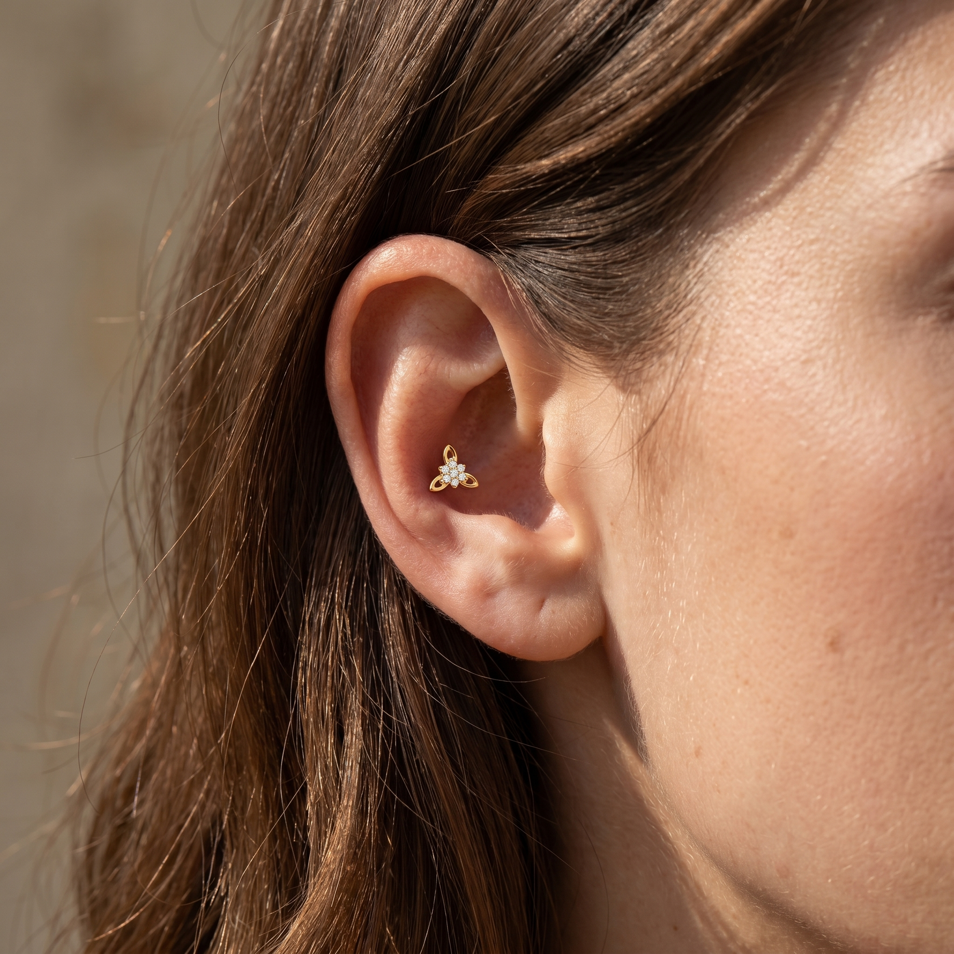 Gold cz flower cluster stud — conch jewelry placement