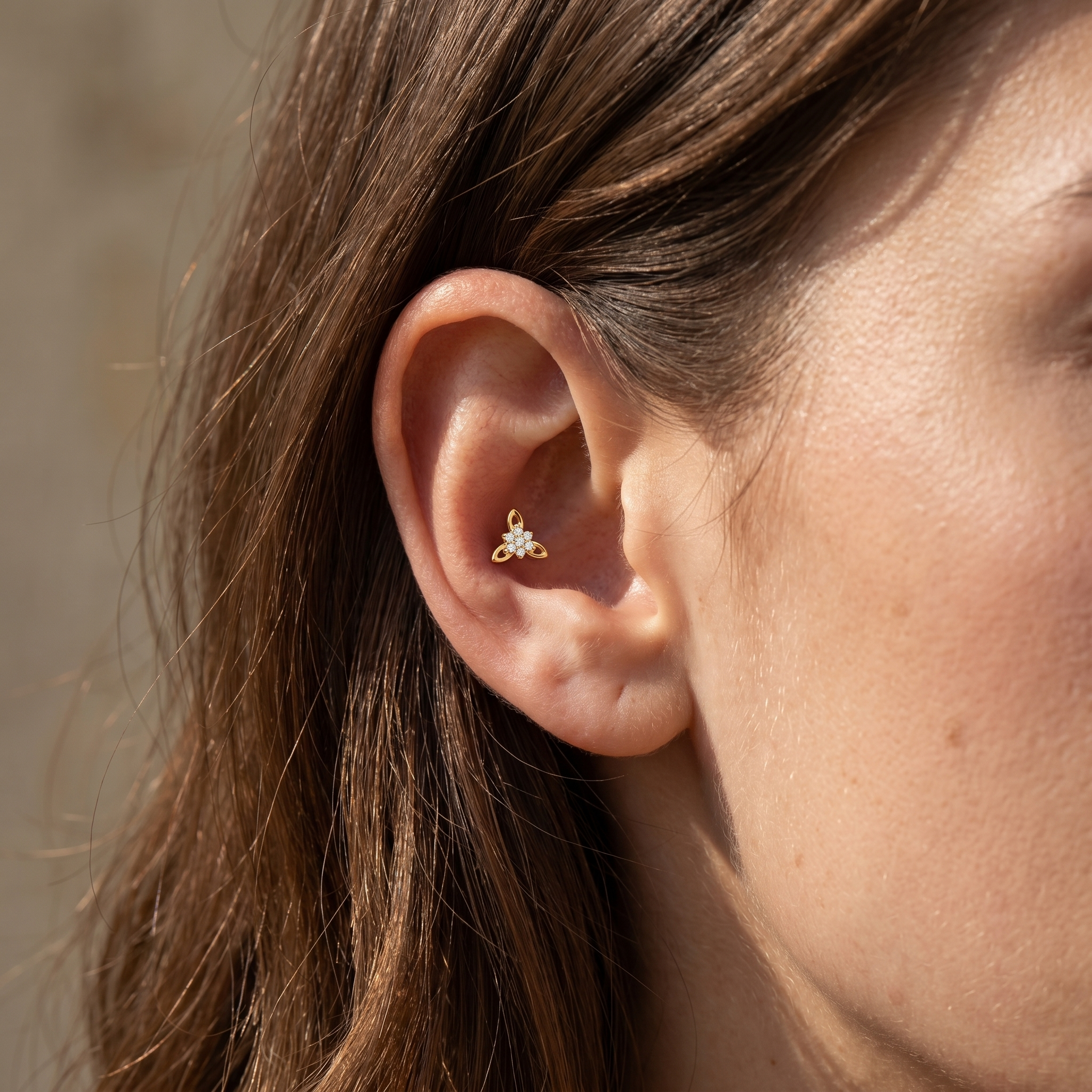 Gold cz flower cluster stud — conch jewelry placement