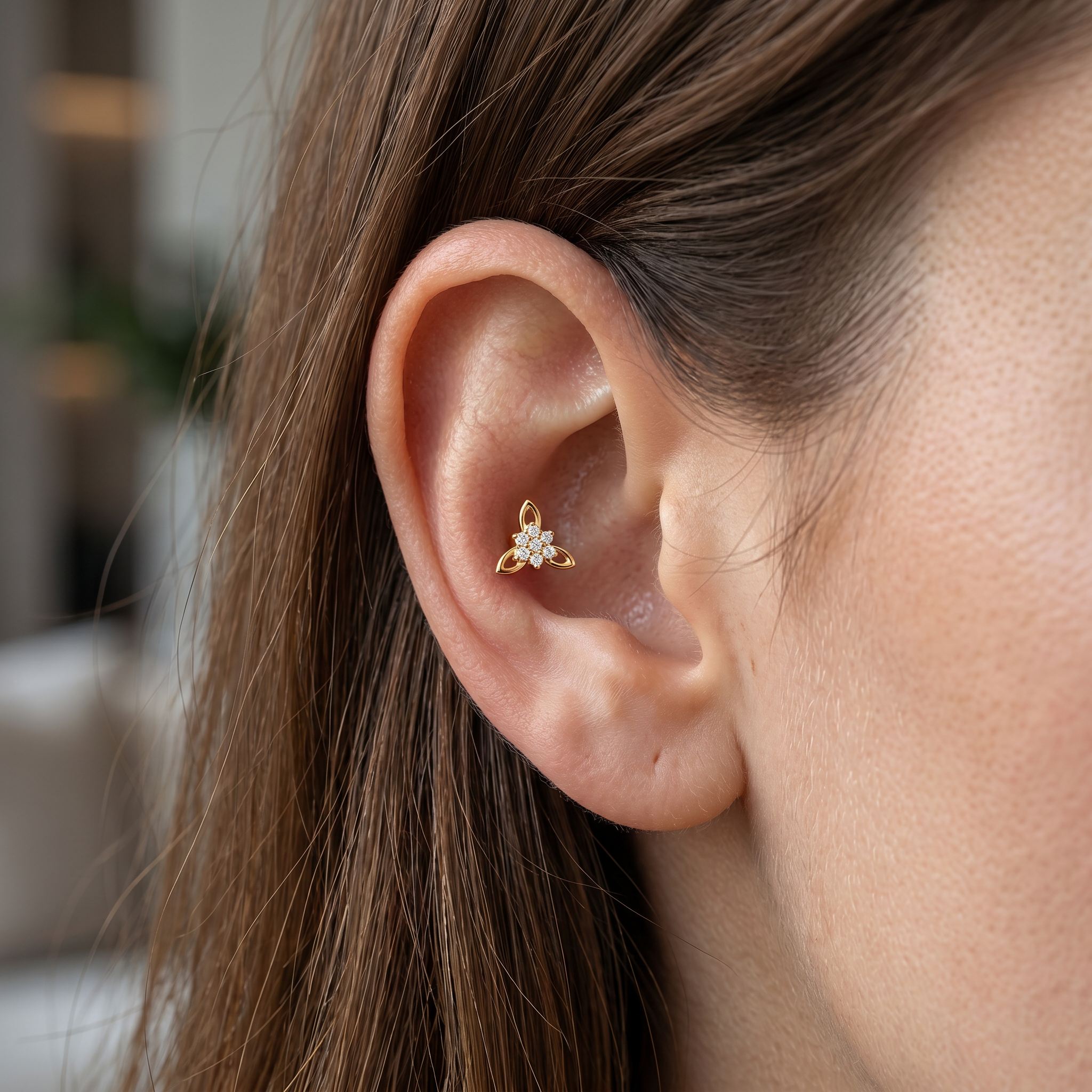 Silver cz flower cluster stud — outer conch piercing placement