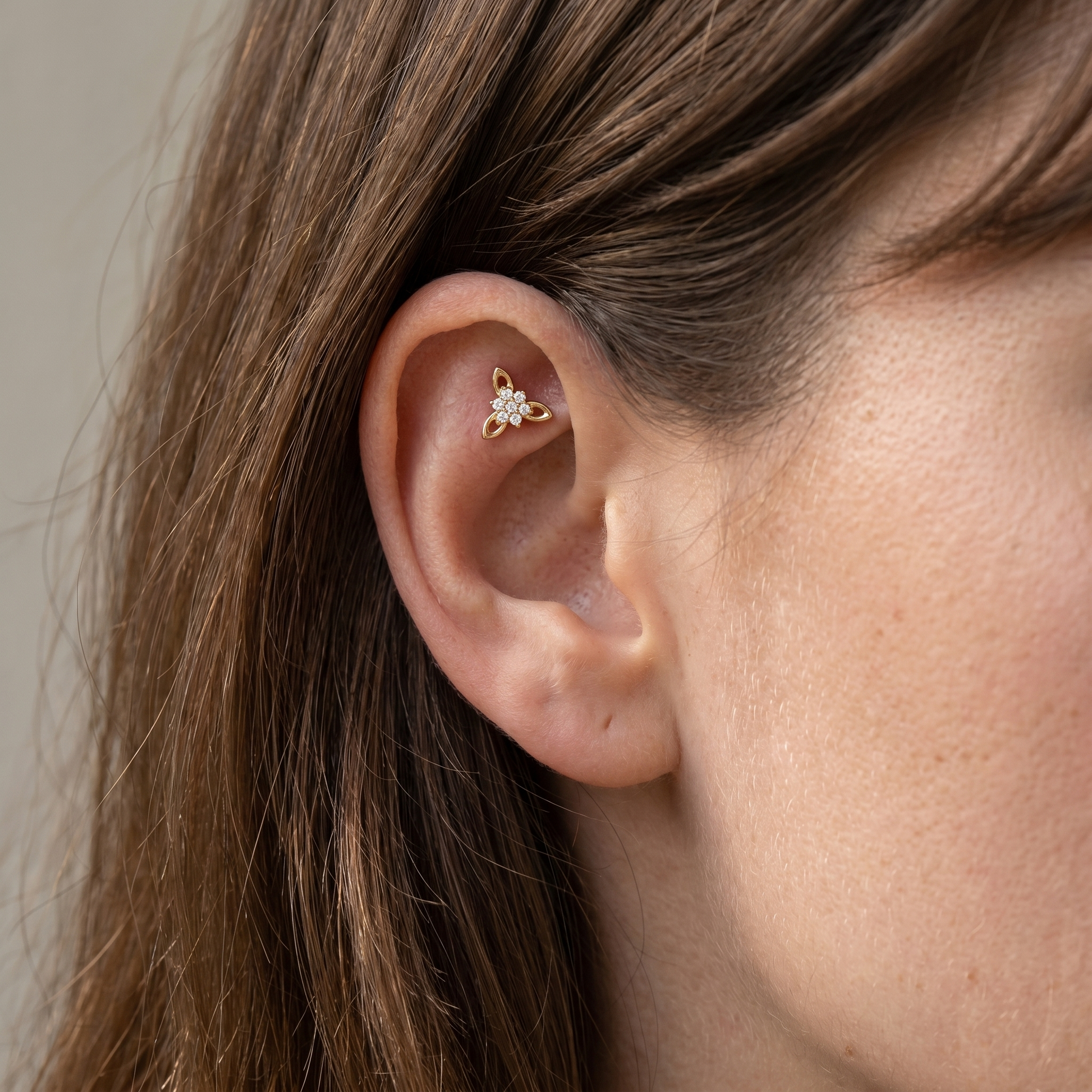 Silver cz flower cluster stud — faux rook piercing placement