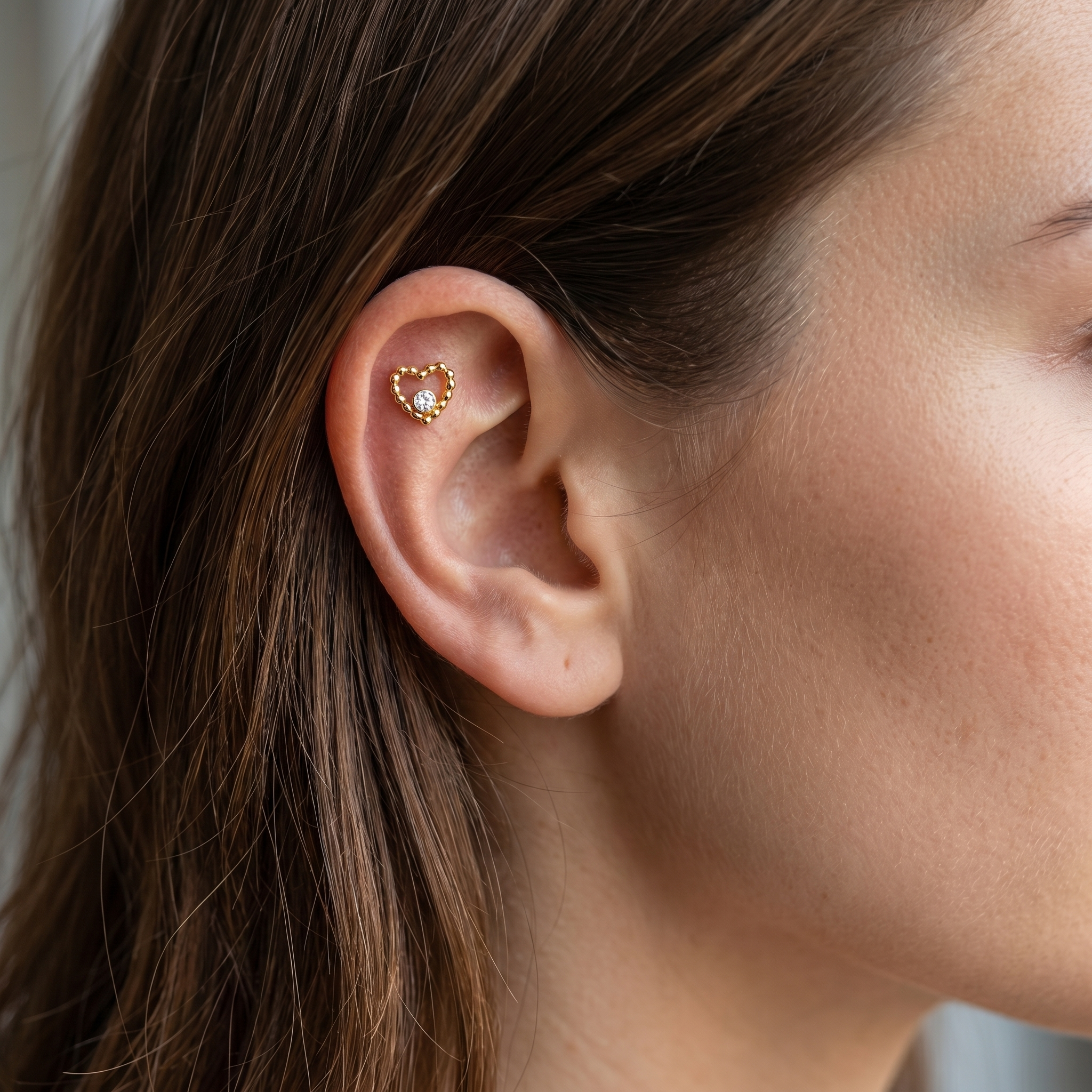 Gold beaded heart cz stud — flat helix piercing placement