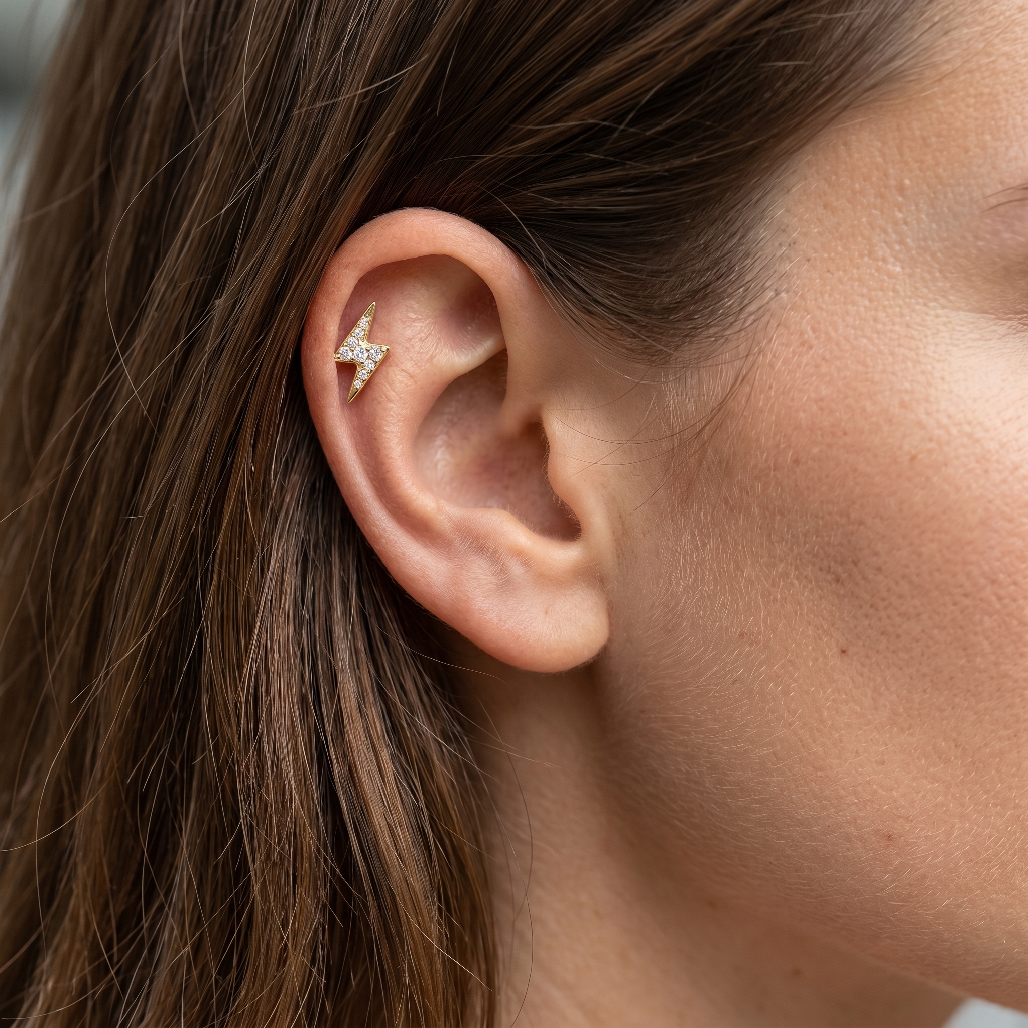 Silver cz lightning bolt stud — flat helix piercing placement