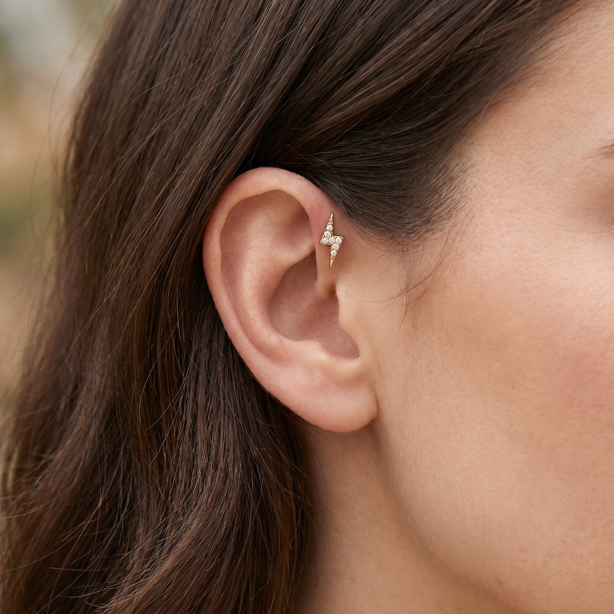 Silver cz lightning bolt stud — forward helix piercing placement