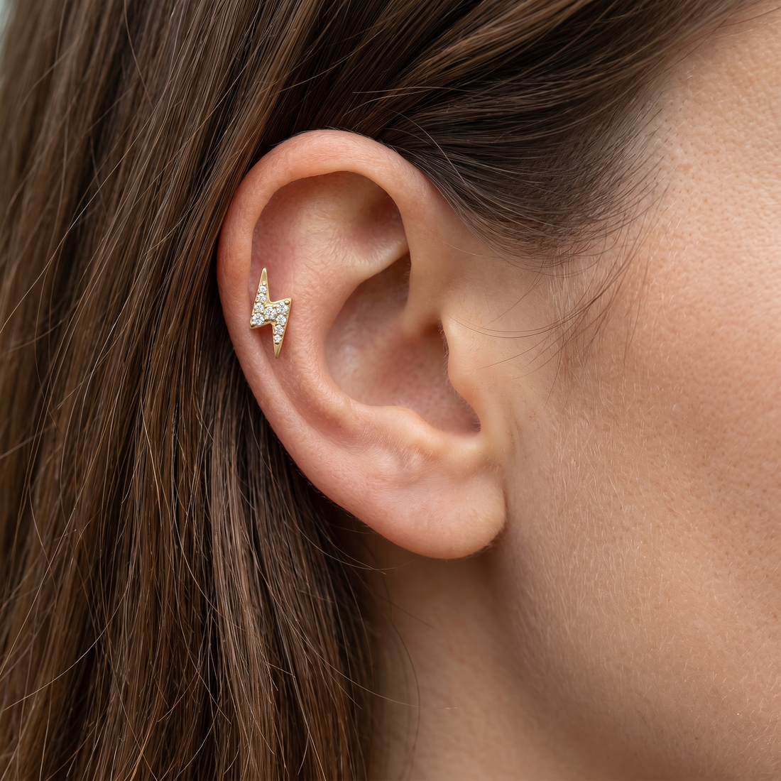 Gold cz lightning bolt stud — mid helix piercing placement