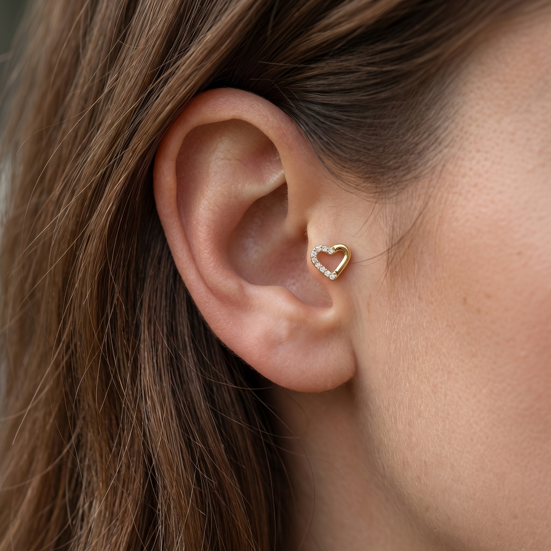 Silver open heart zircon stud — tragus jewelry placement