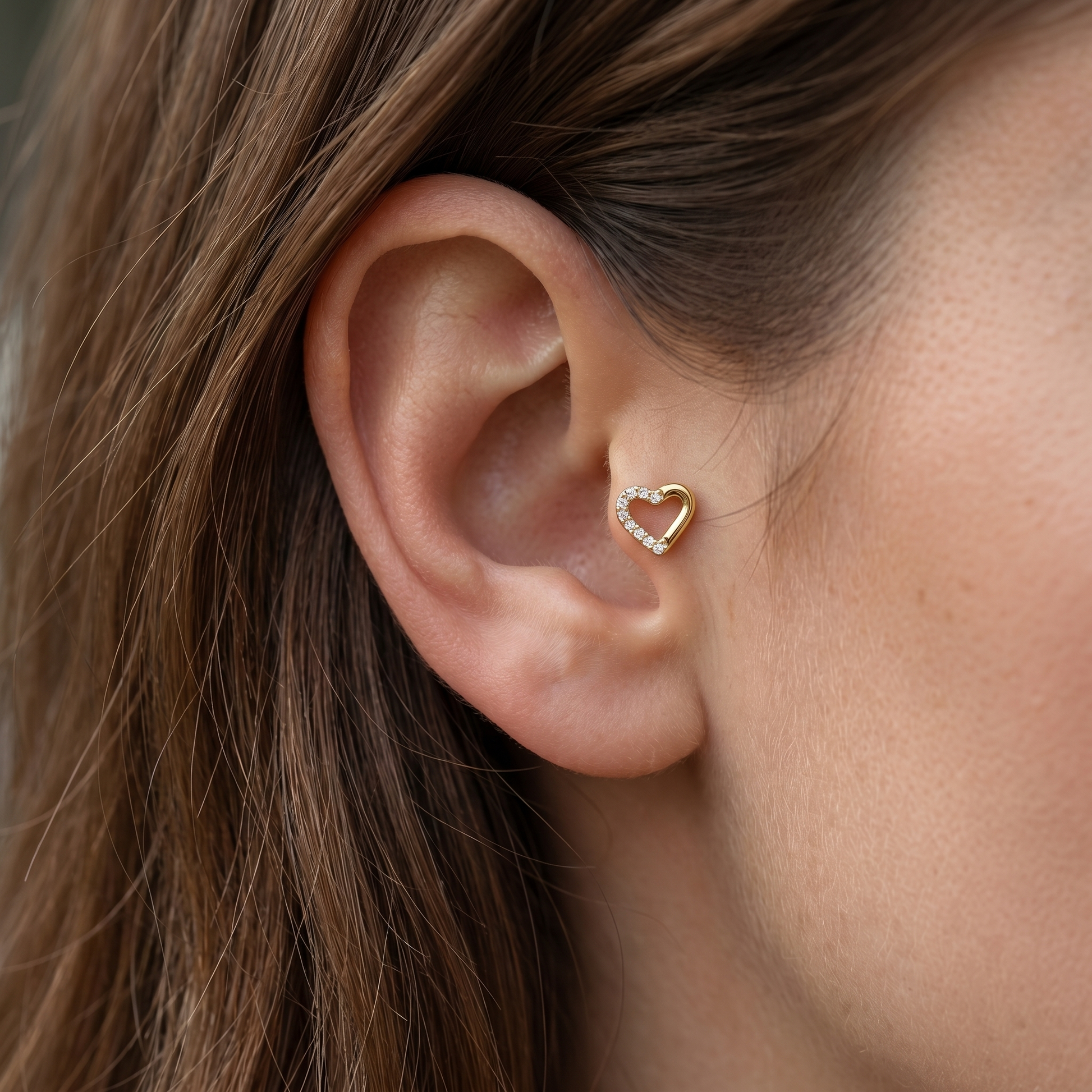Silver open heart zircon stud — tragus jewelry placement