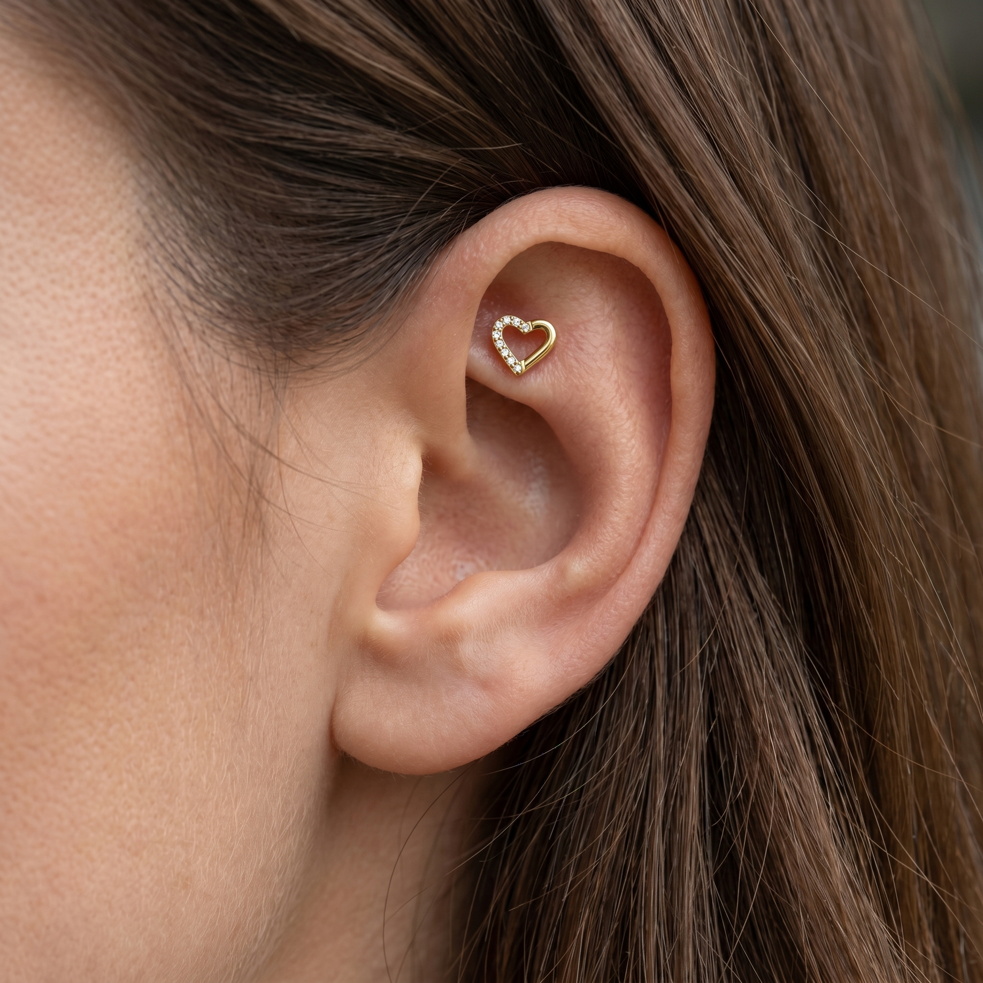 Silver open heart zircon stud — faux rook piercing placement