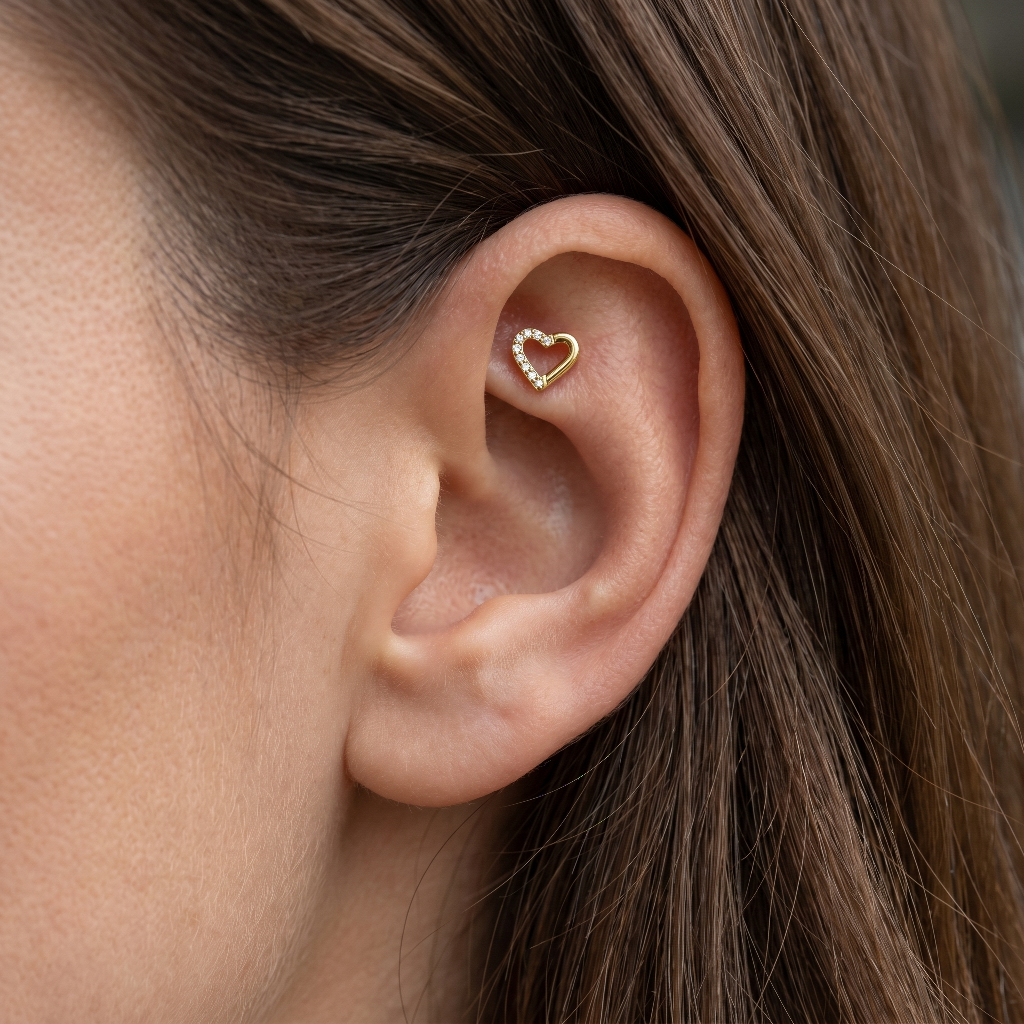 Silver open heart zircon stud — faux rook piercing placement
