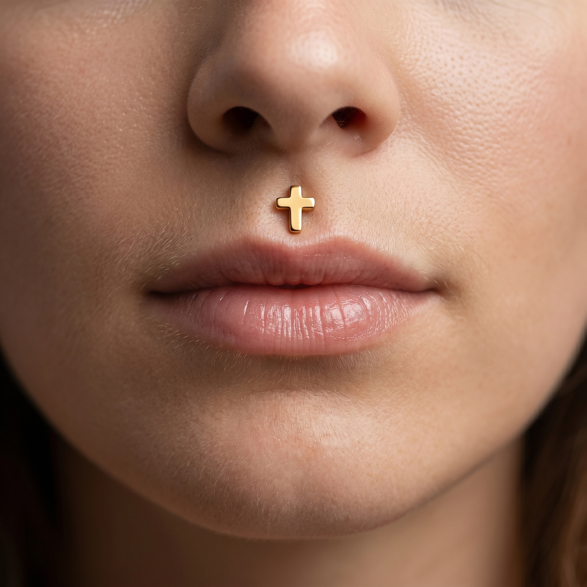 Gold minimal cross styled elegantly as a lip piercing.