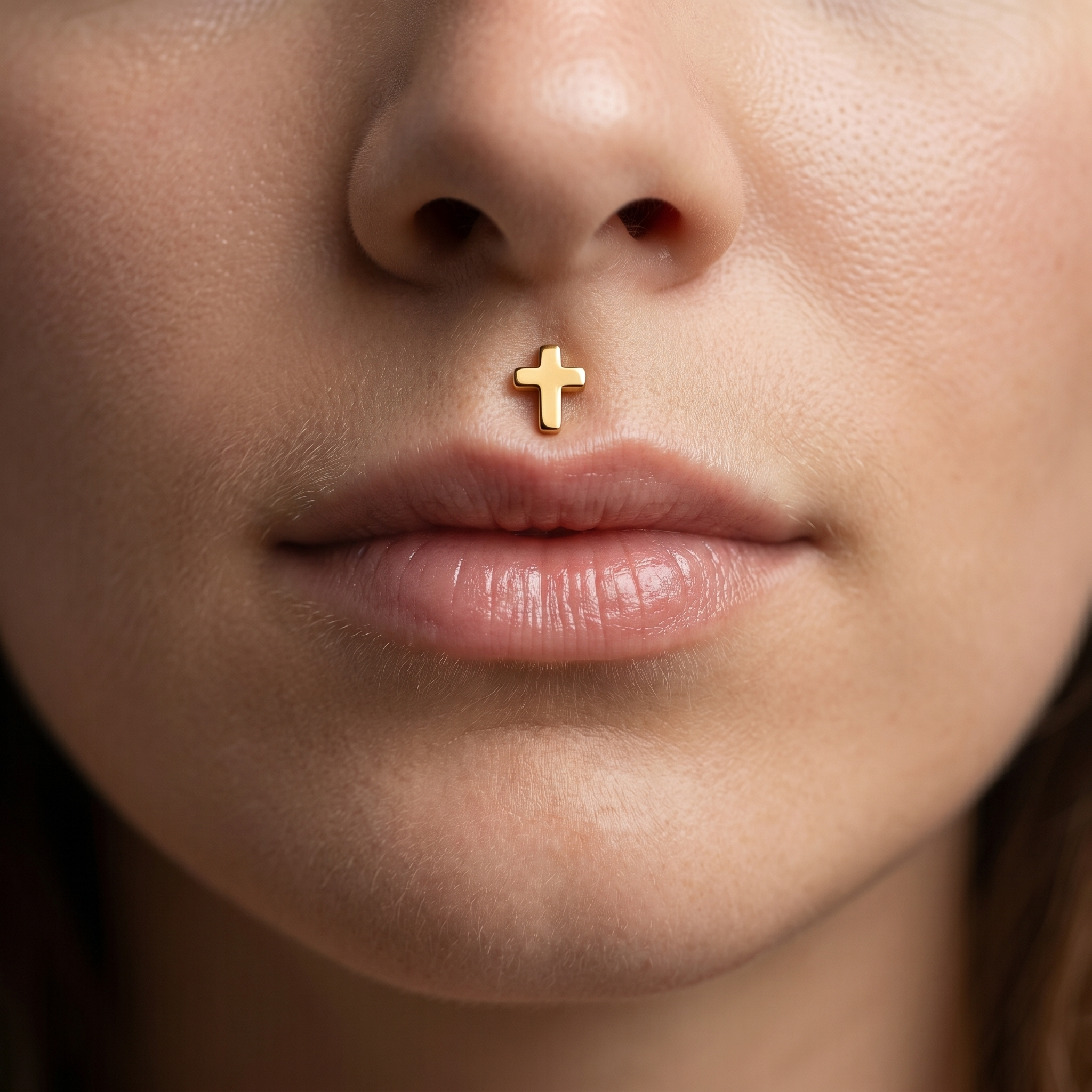 Silver minimalist cross stud — medusa piercing placement