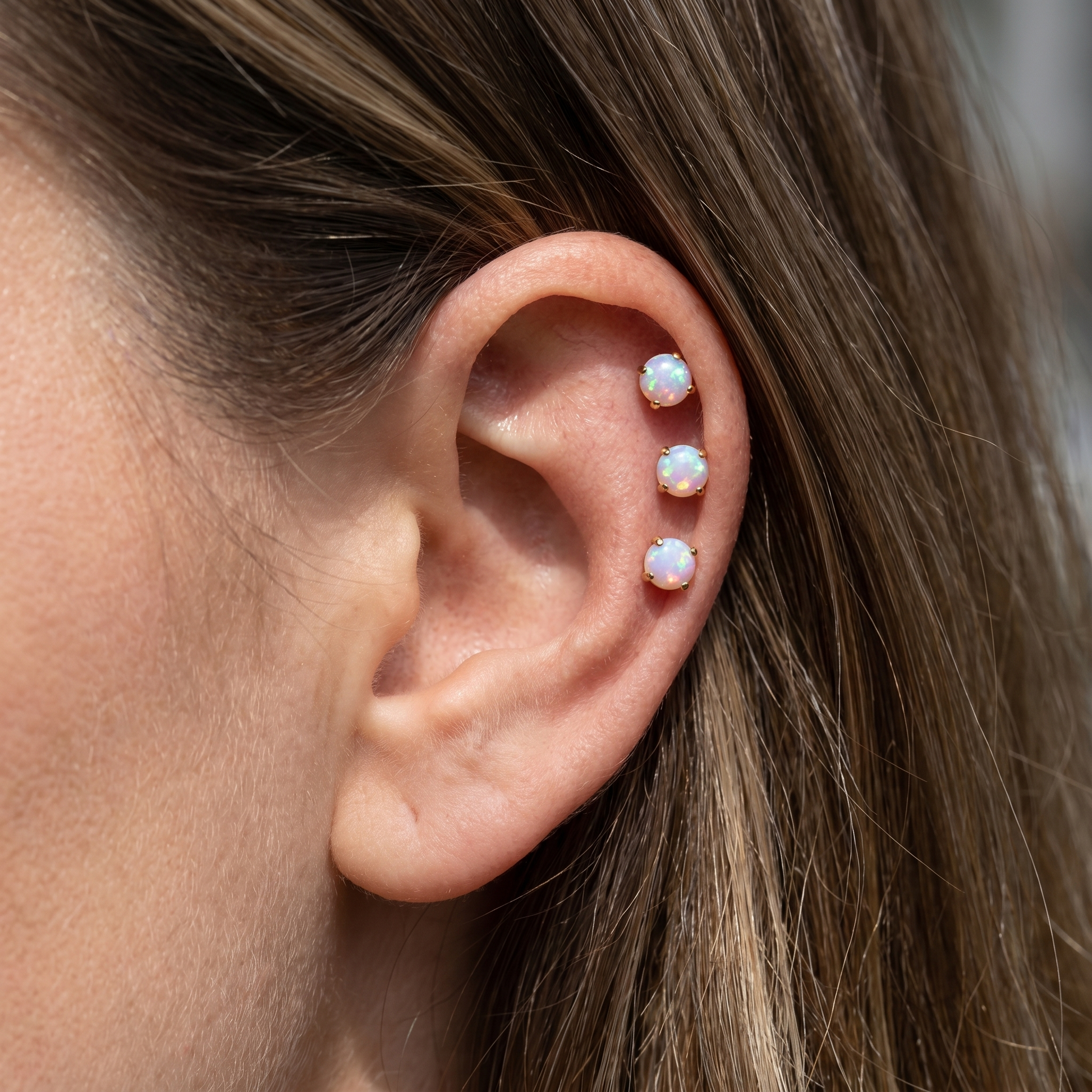 Silver 4mm opal stud — triple helix piercing placement