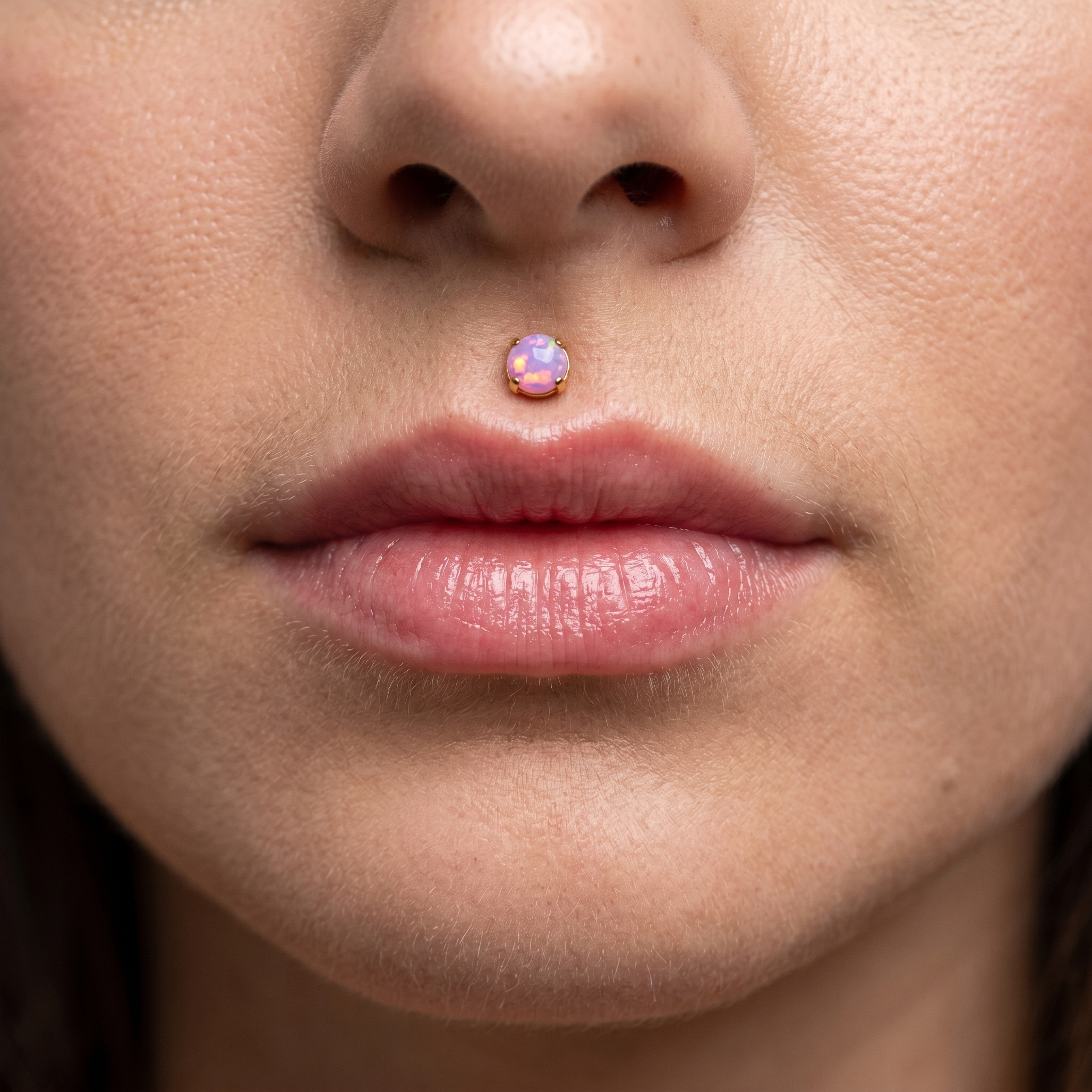Gold pink opal titanium worn in a lip piercing.