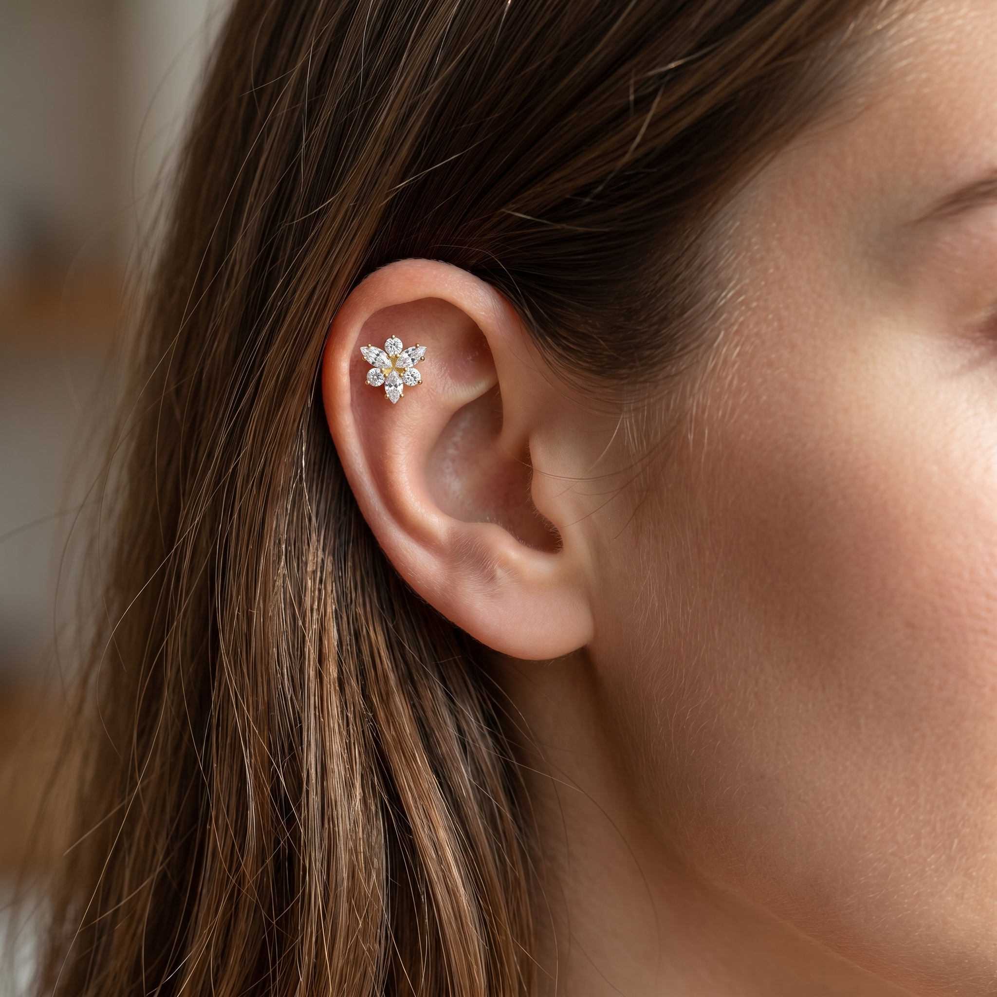 Silver snowflake zircon stud — flat helix piercing placement
