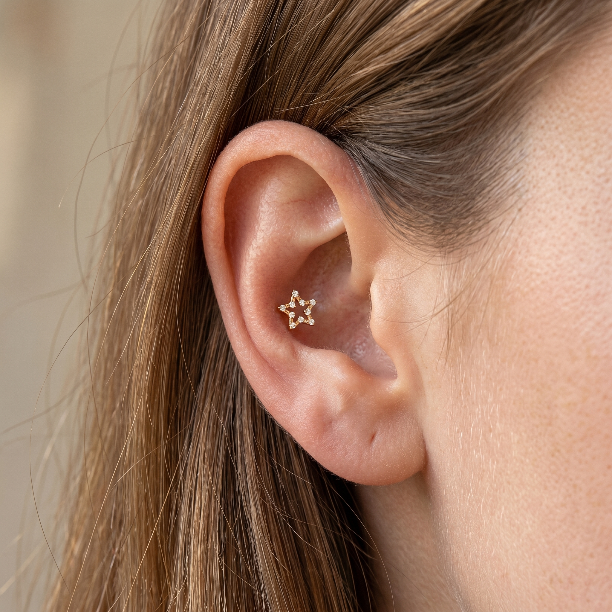 Silver open star zircon stud — conch ear placement