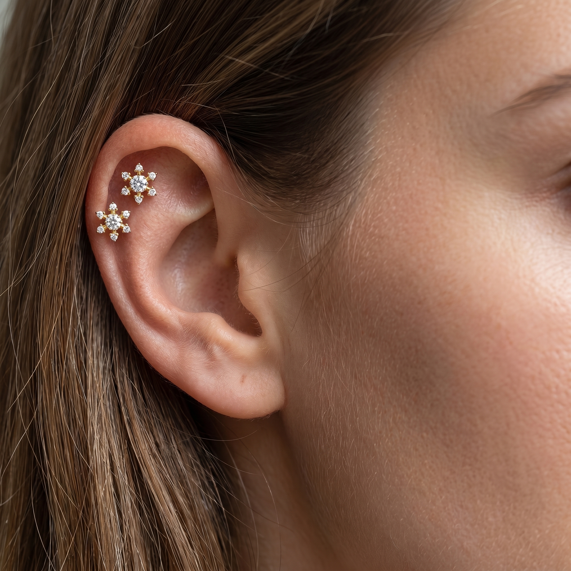 Silver flower zircon stud — double helix piercing placement