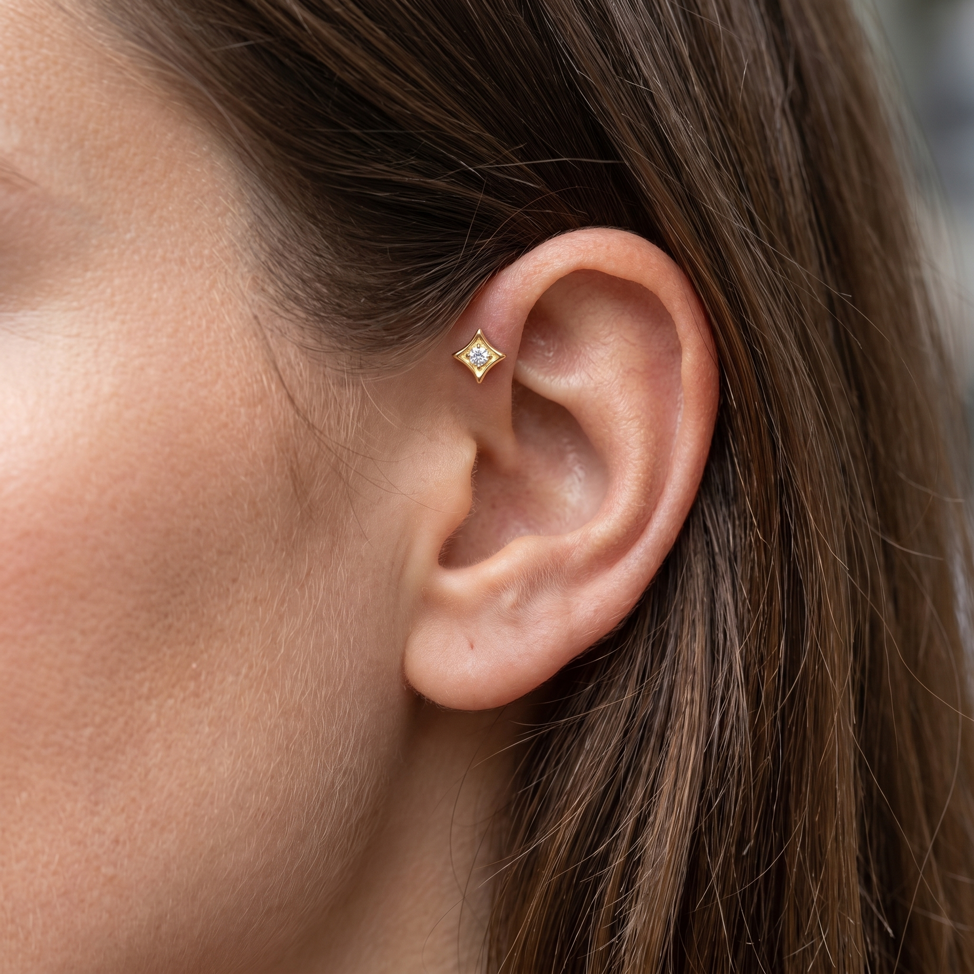 Silver geometric zircon stud — forward helix piercing placement