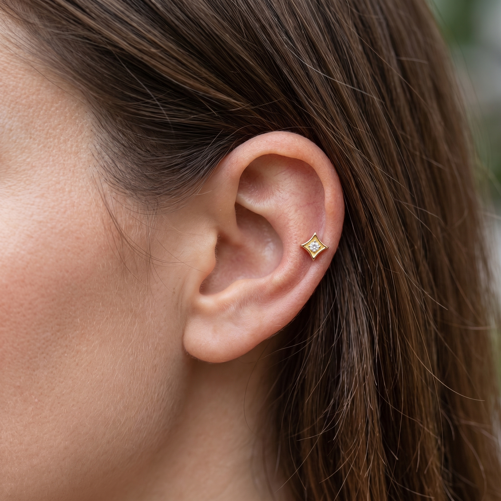 Silver geometric zircon stud — mid helix piercing placement