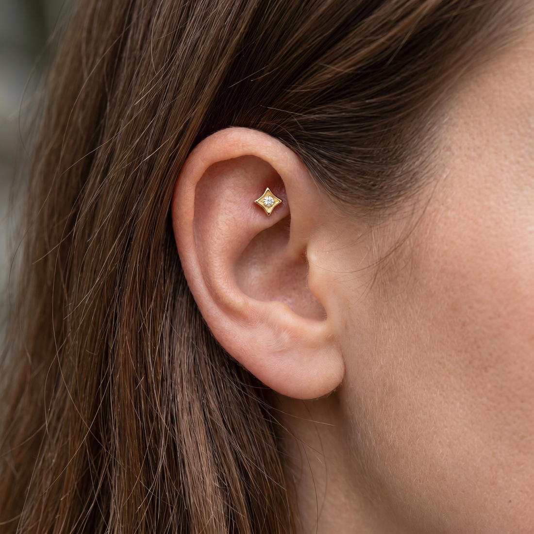 Silver geometric zircon stud — faux rook piercing placement