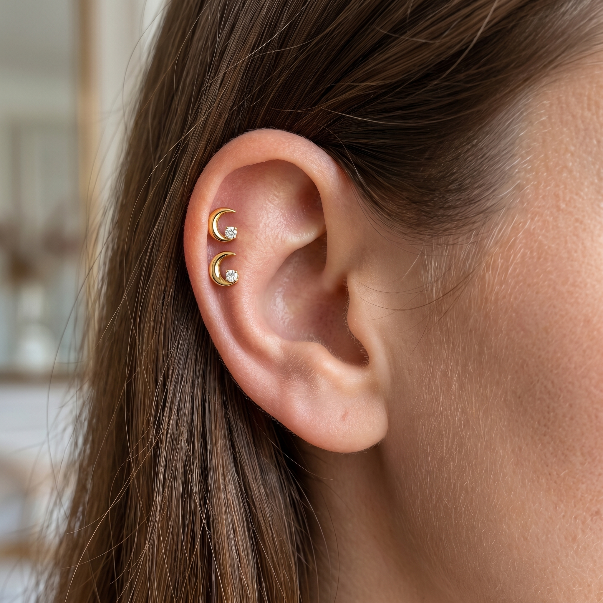 Silver crescent moon zircon stud — double helix piercing placement