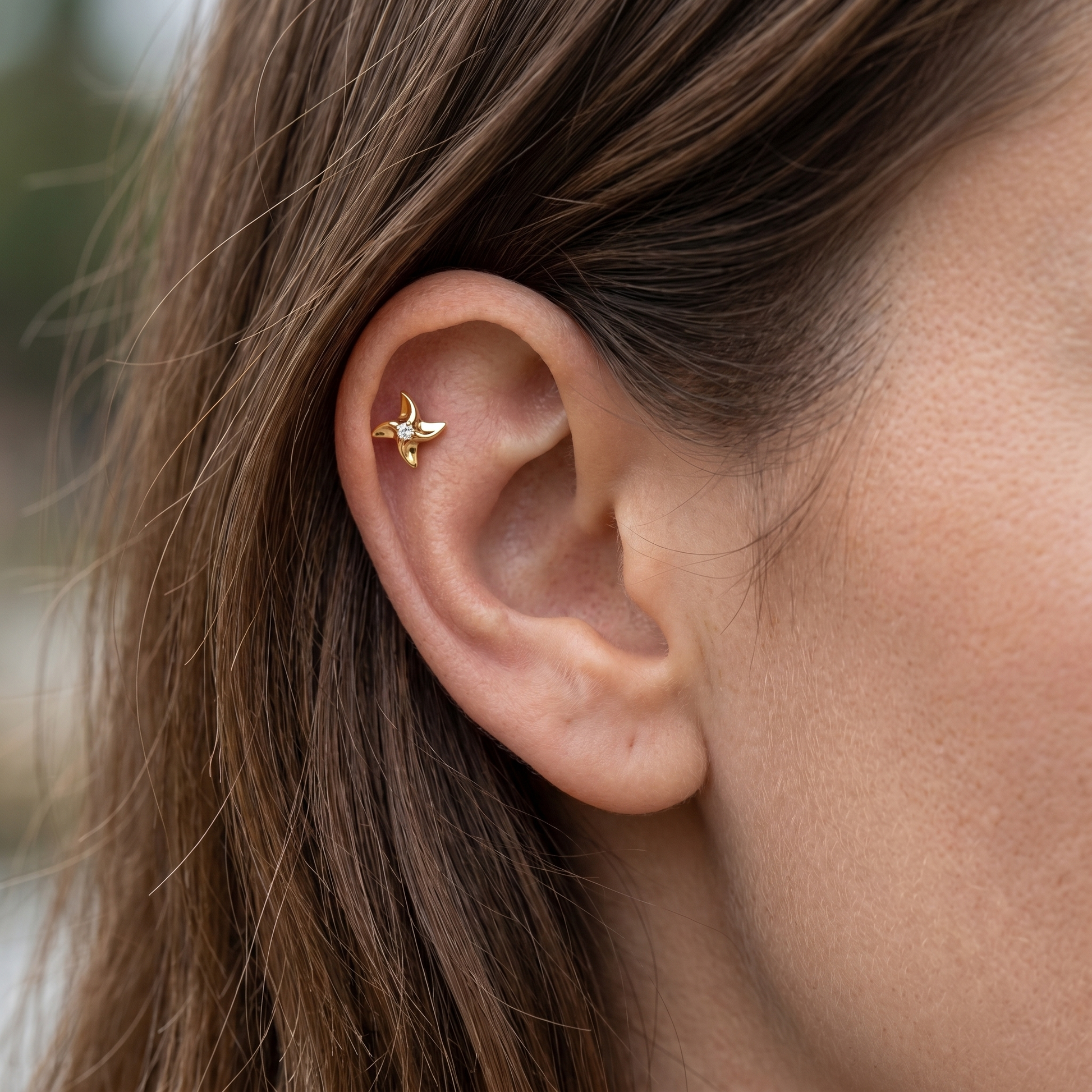 Silver pinwheel zircon stud — helix jewelry placement