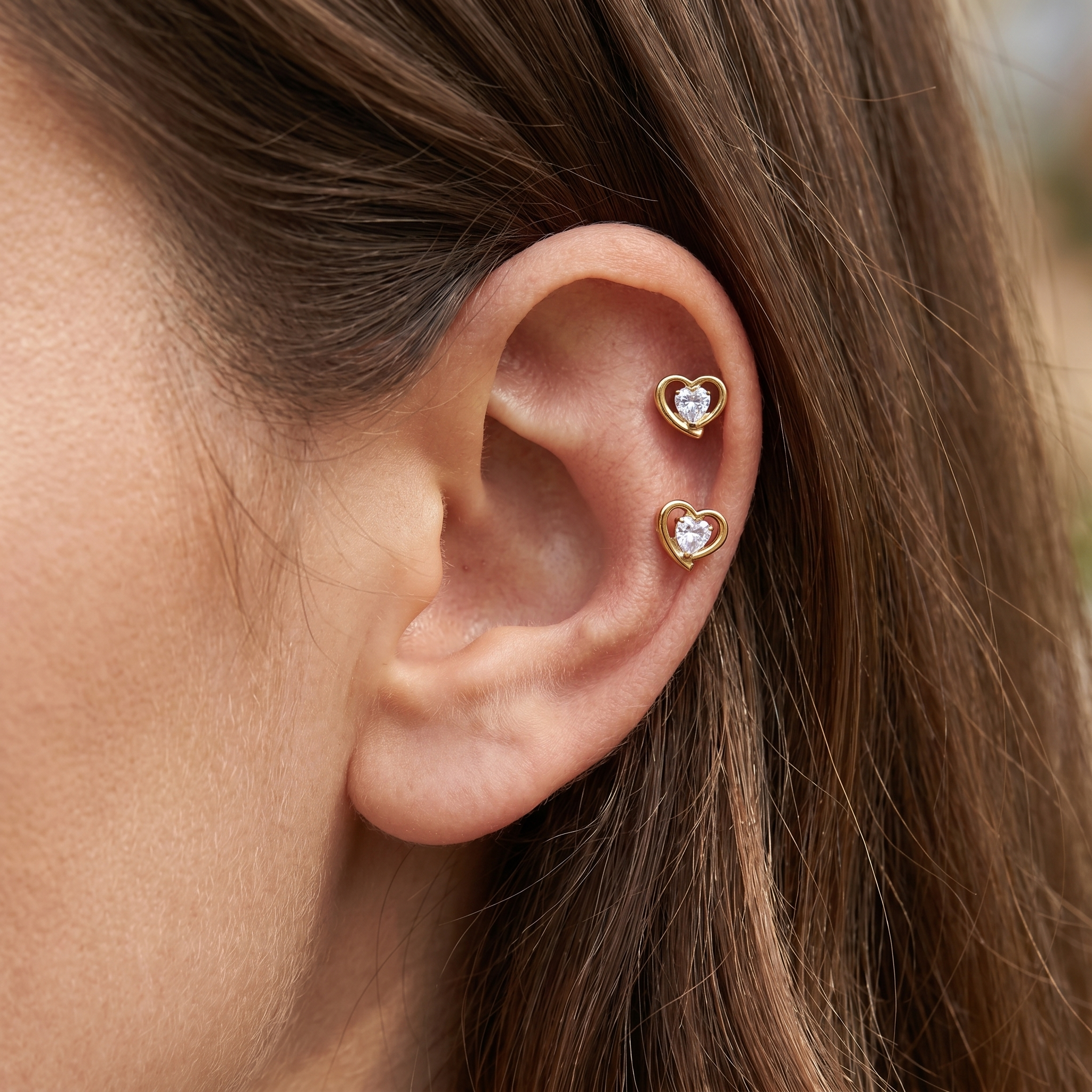 Gold double heart zircon stud — double helix piercing placement