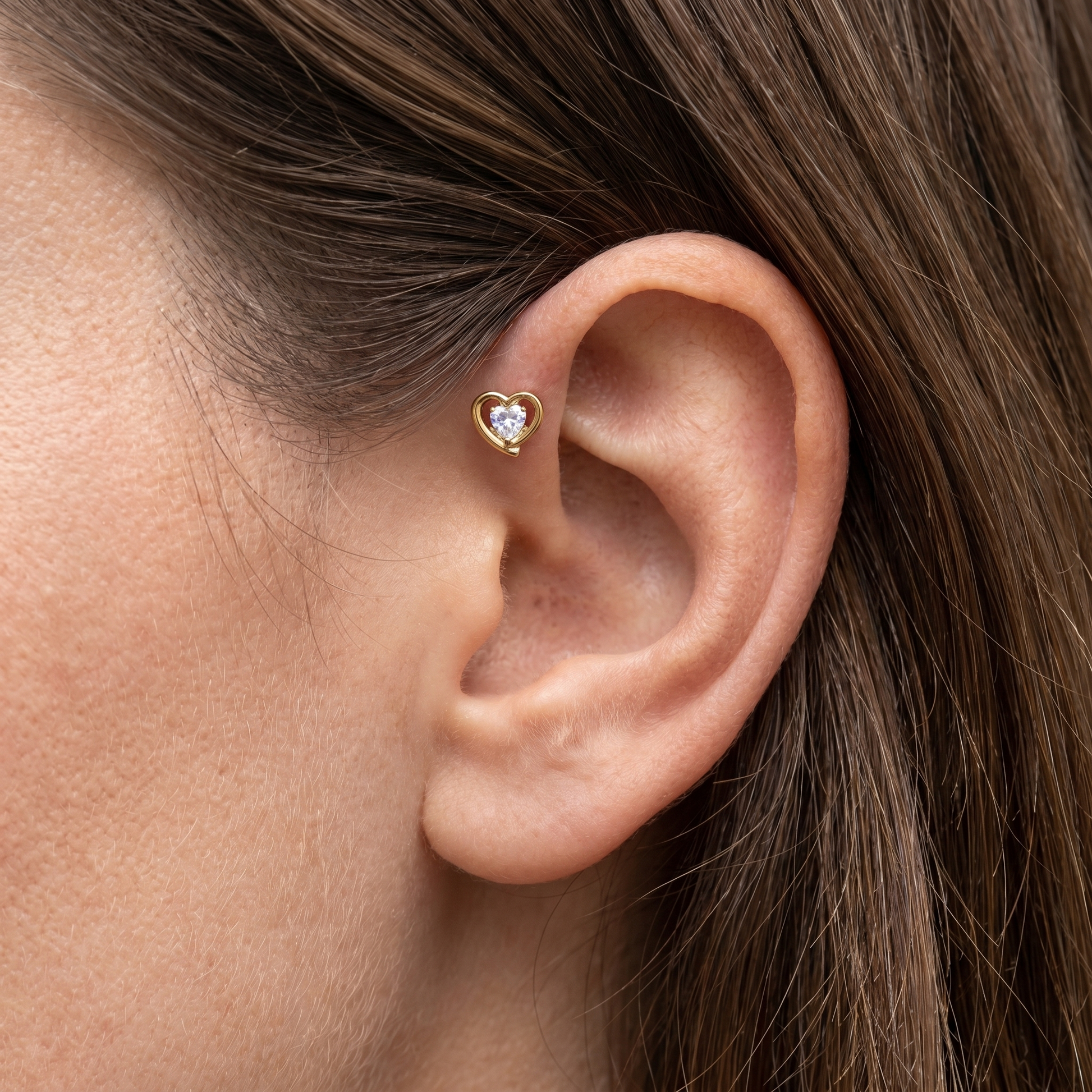 Silver double heart zircon stud — forward helix piercing placement