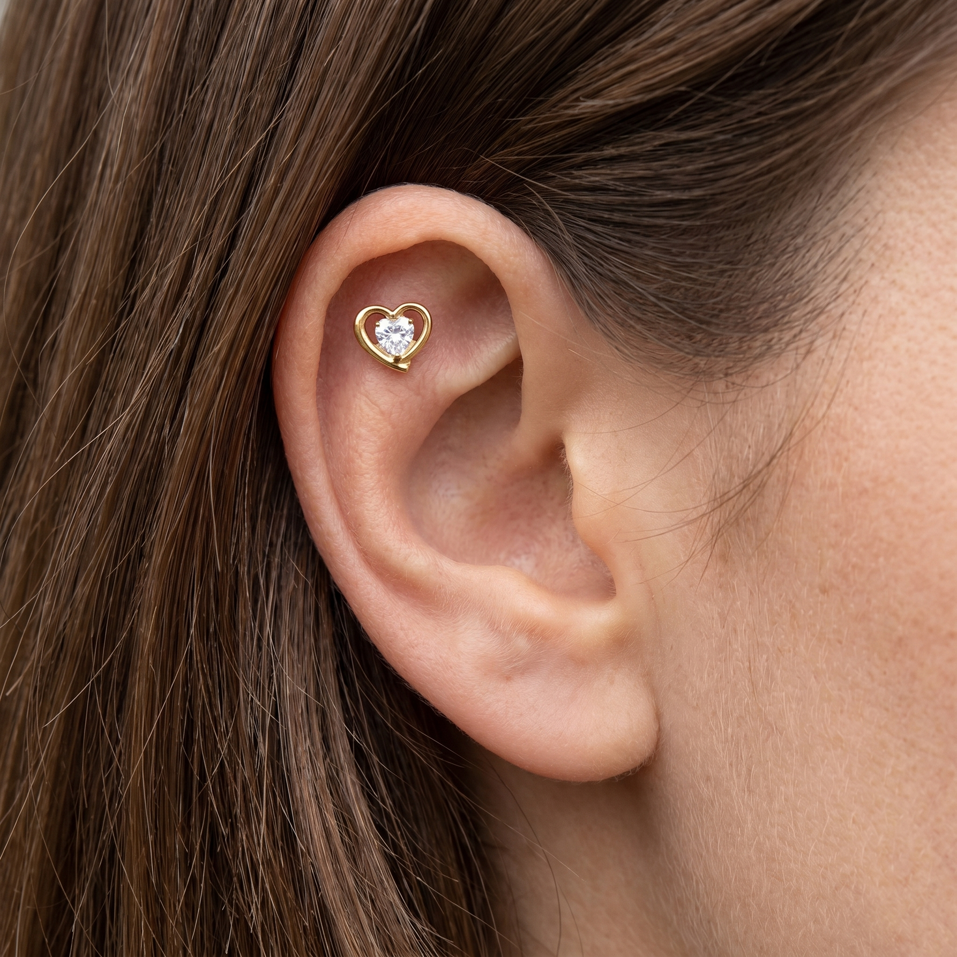 Silver double heart zircon stud — flat helix piercing placement