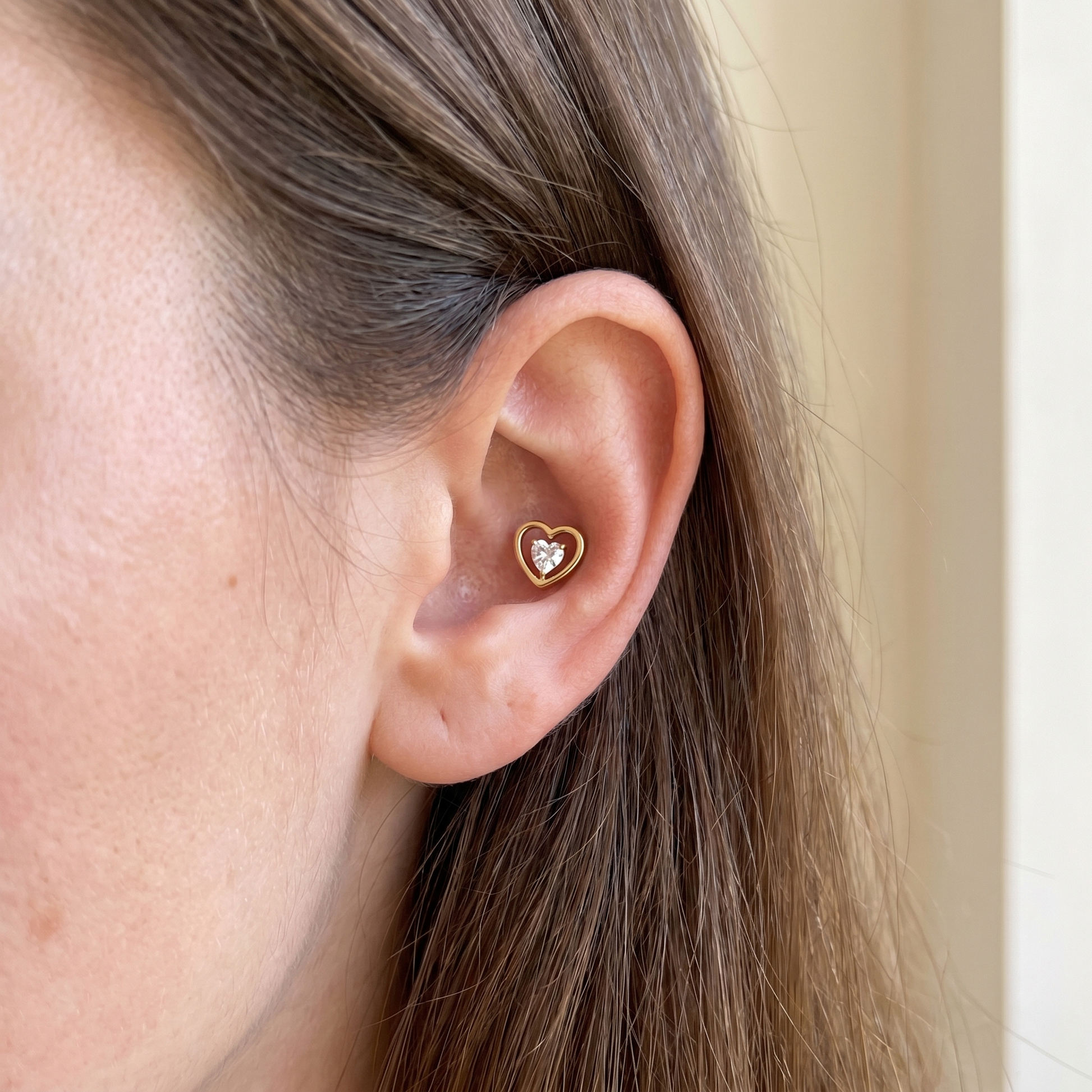 Silver double heart zircon stud — conch jewelry placement