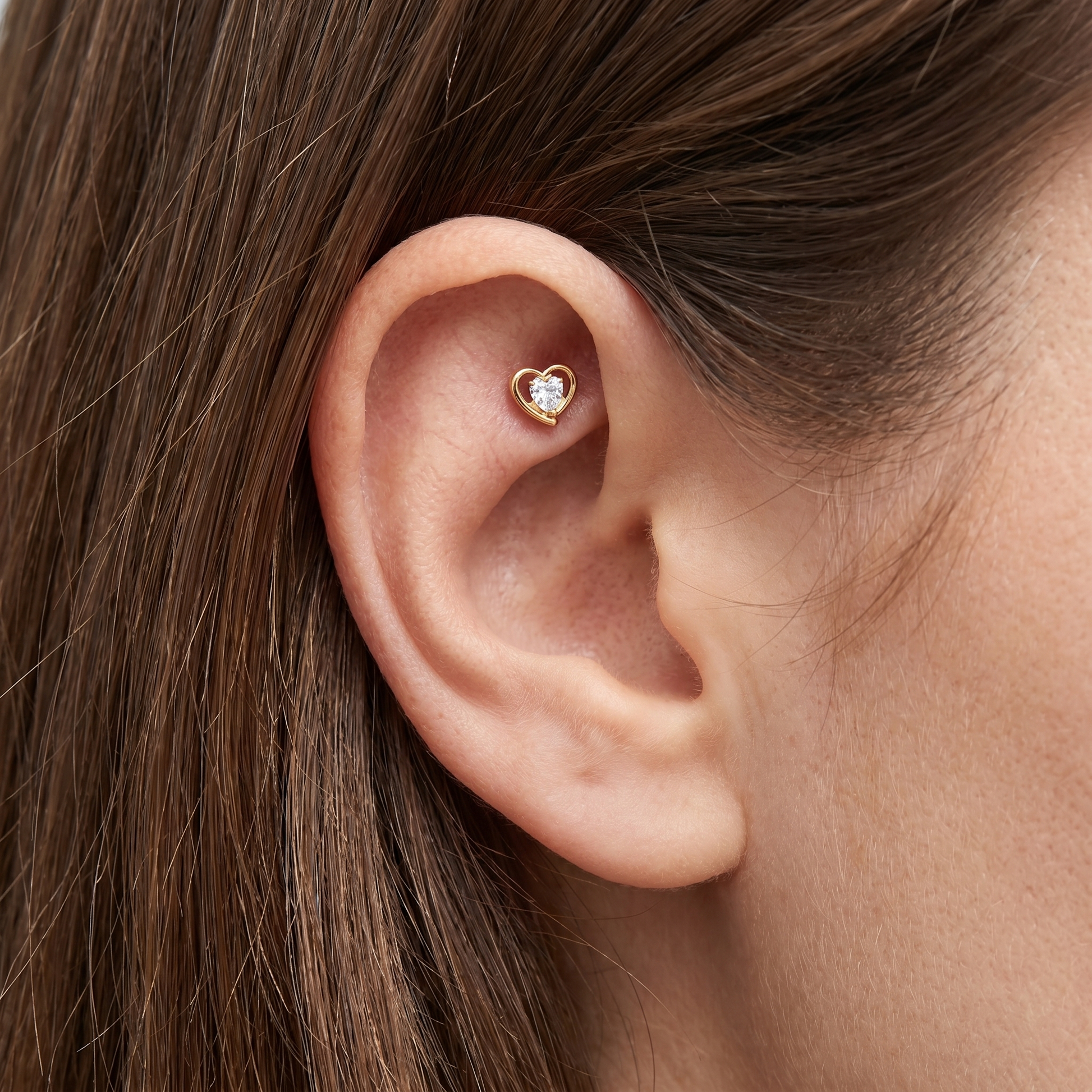 Piercing Titanium Jewelry - Gold double heart faux stud worn view 23