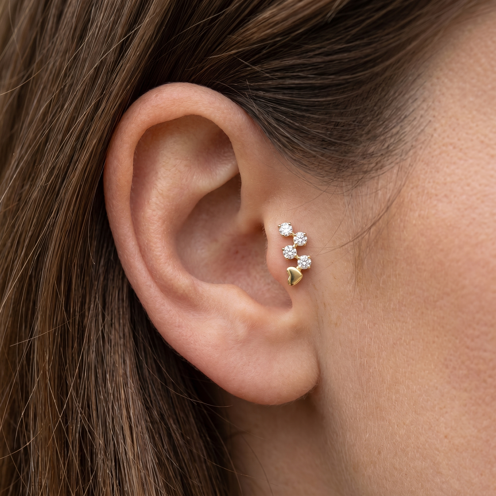 Silver heart & zircon stud — tragus jewelry placement